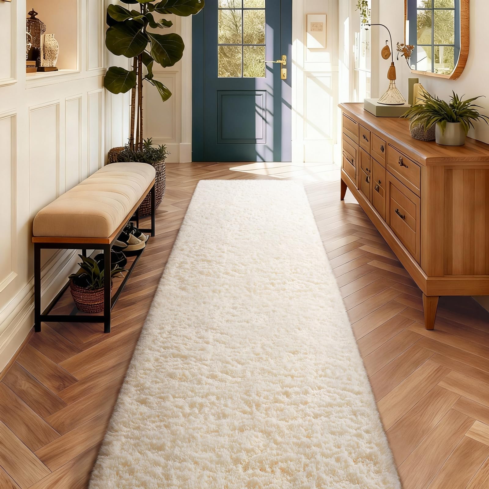 Ophanie 2x10 Runner Rug for Hallway, Upgrade Non-Slip Fluffy Soft Bedside Rugs, Bedroom Living Room Ivory Shaggy Carpet for Kids Girls Boys Dorm Nursery Home Decor Aesthetic