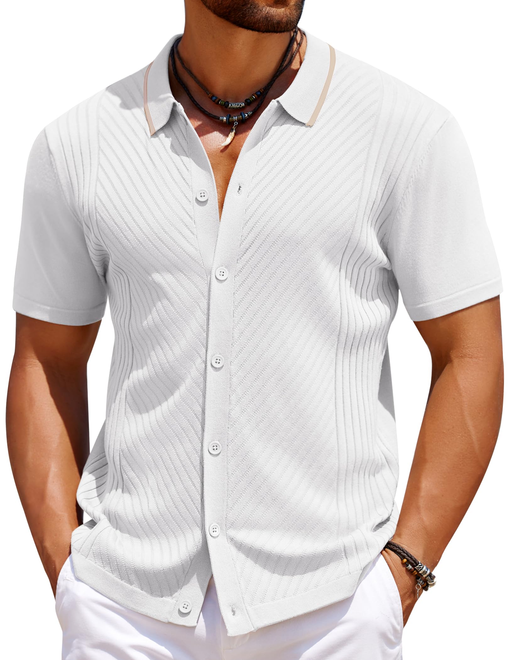 COOFANDY Men's Knit Short Sleeve Button Down Shirt Vintage Polo Shirt Casual Summer Beach Shirts