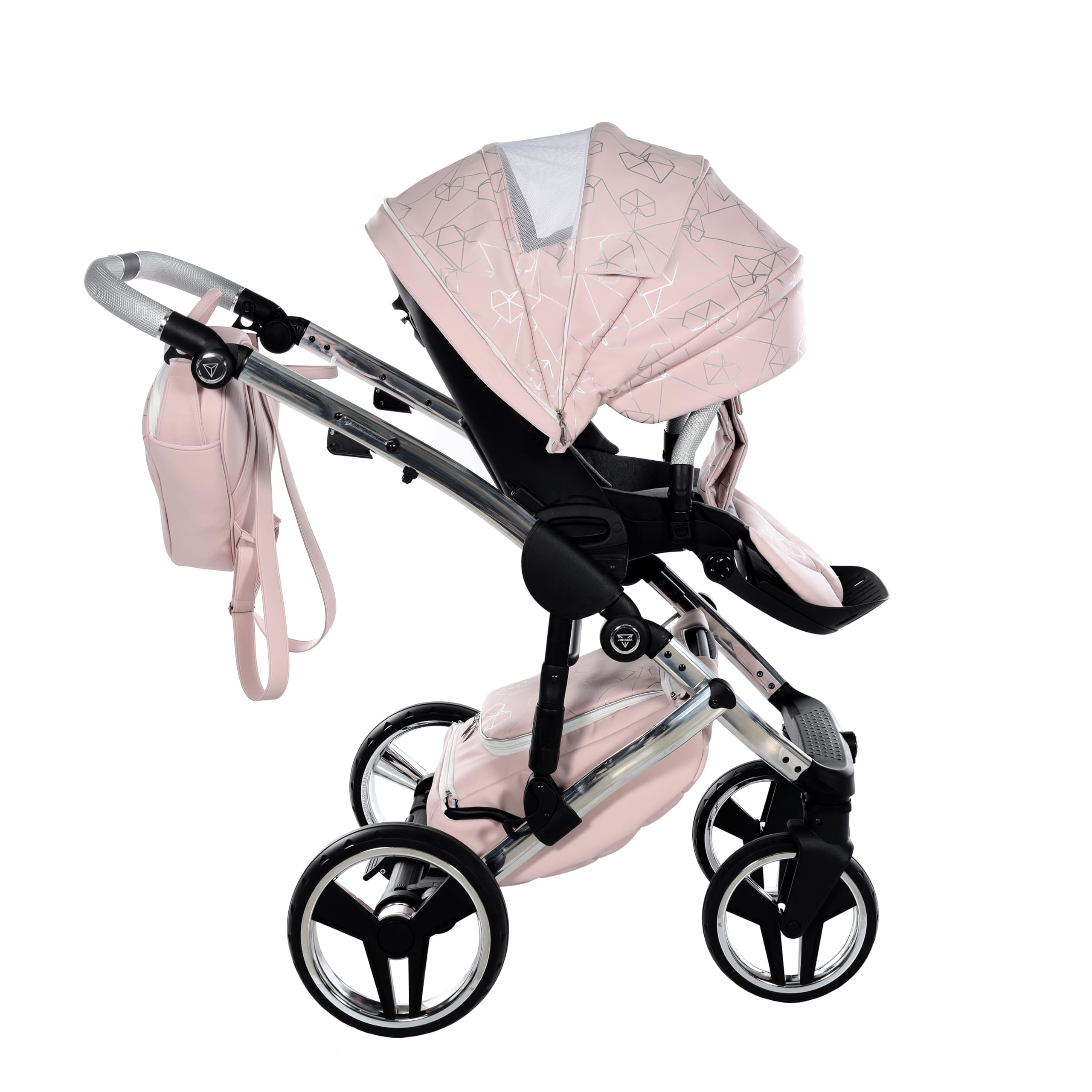 Junama Diamond Heart 06 Rosa y Plateado Cochecito de Bebé 2 en 1, 3 en 1, 4 en 1 + Sombrilla para Carrito (3 en 1 con silla de auto)