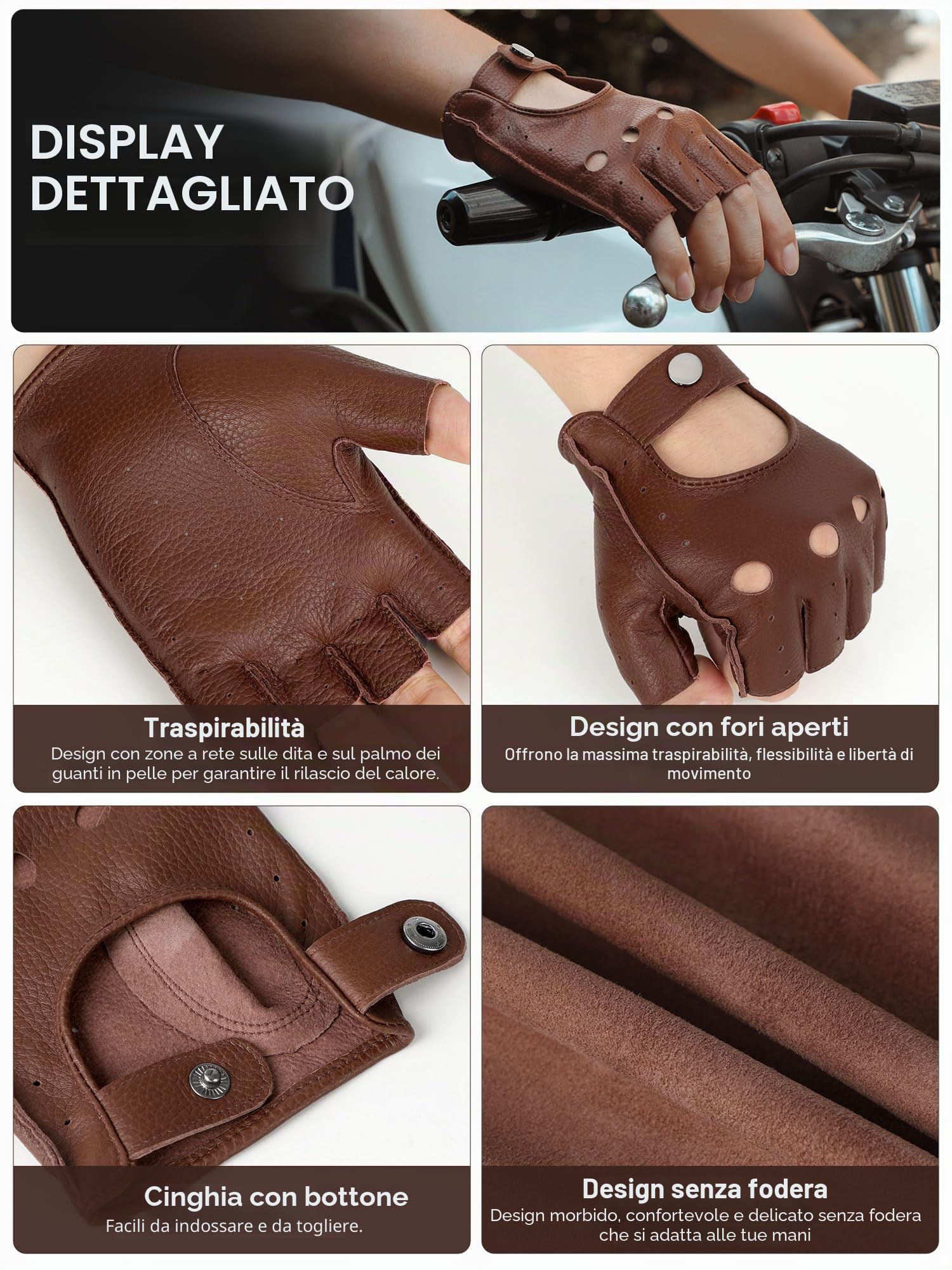 GSG SINCE 1998 Guanti Pelle Uomo Mezze Dita – Guanti da Guida Fingerless, Senza Fodera in Pelle Marrone L