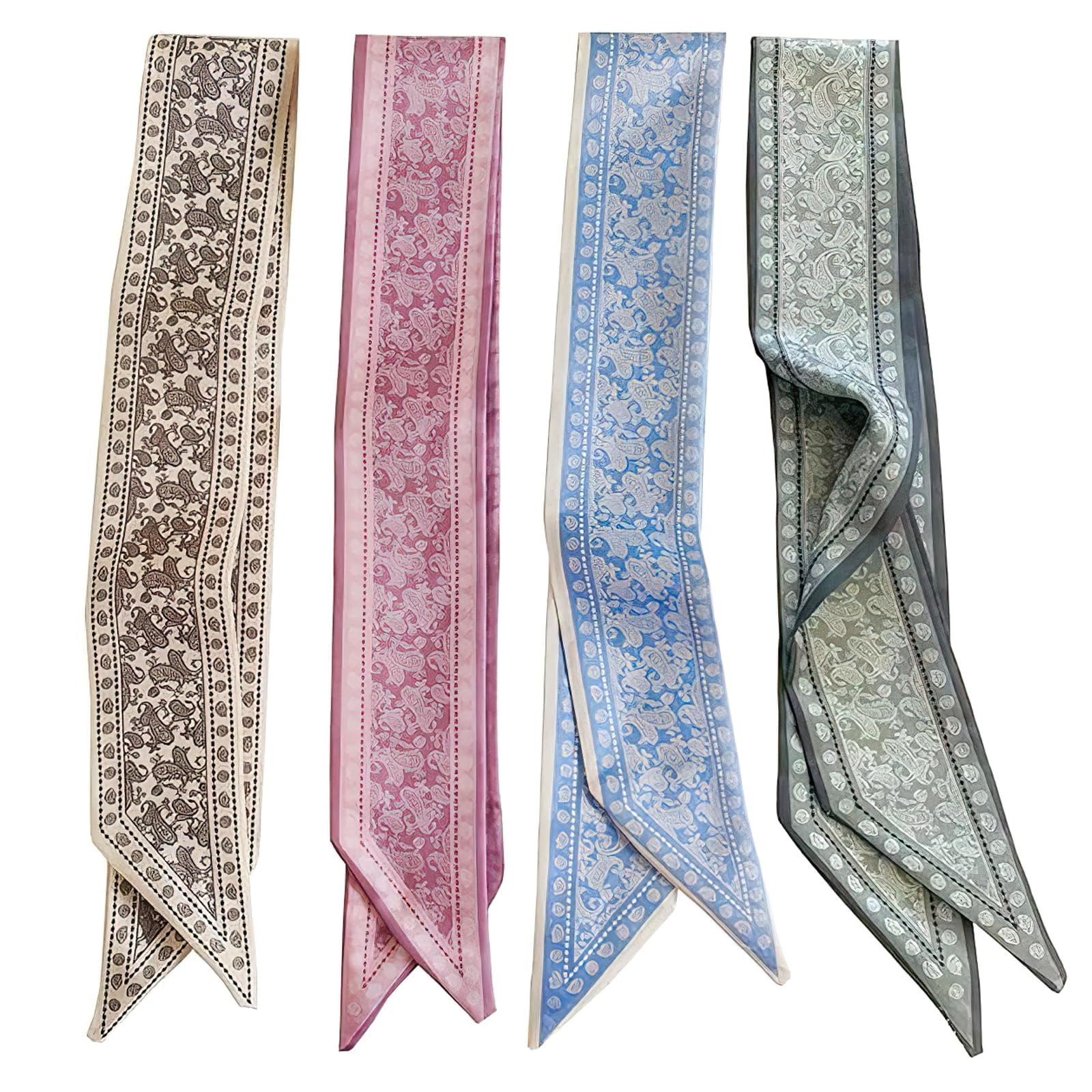 4PCS Silk Satin Scarves for Women, Boho Headband Hair Tie Twilly Bandana Scarf, Small Purse and Tote Bag Scarves, Multifunctional Fashion Hair Accessories