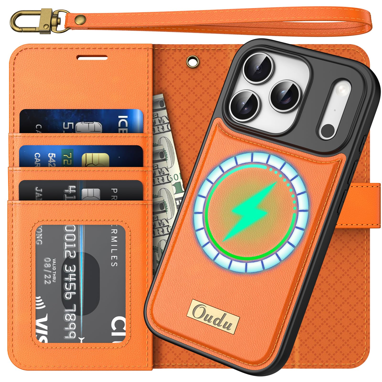 Étui cuir véritable iPhone 17 Pro antichoc charge sans fil orange - 8
