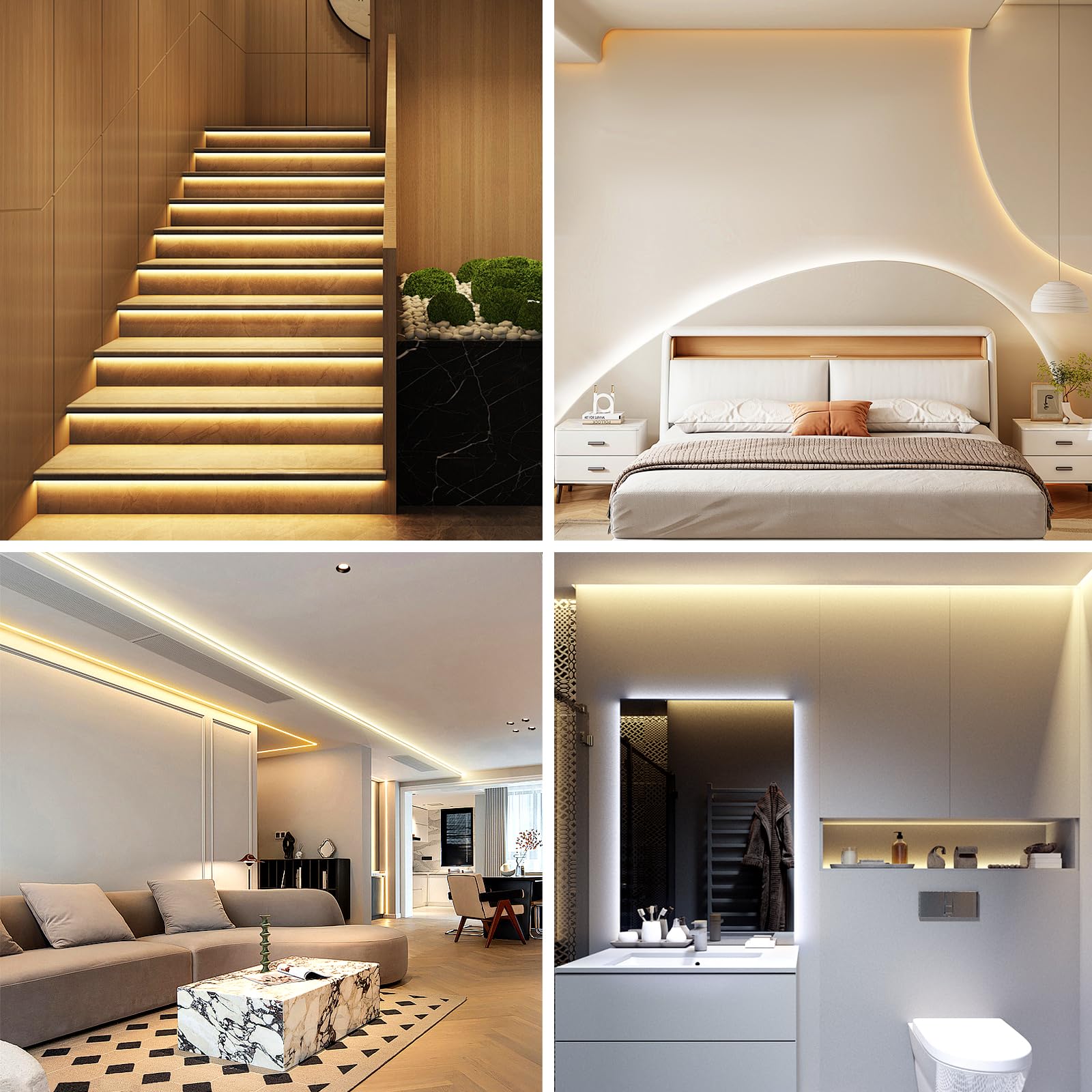 Wefomey Striscia luminosa a LED bianca, 100 piedi dimmerabile, 24 V, con controllo remoto e app, 2700 K - 6500 K, 1440 LED, per camera da letto, cucina, appartamento (1 rotolo o 100 piedi)