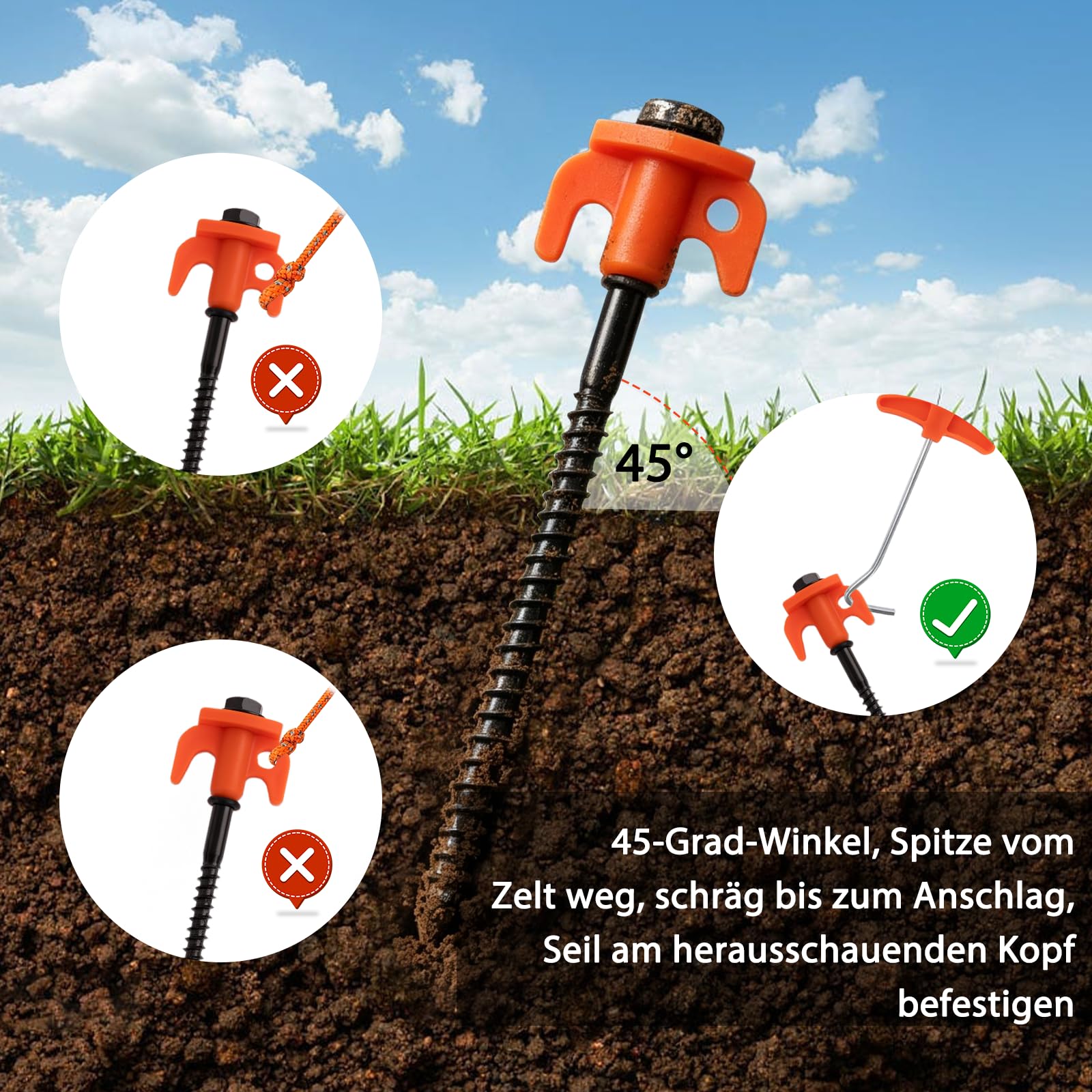 Set di 6 picchetti a vite da campeggio da 20 cm e 6 ganci a cricchetto da 4 m, picchetti girevoli resistenti alle tempeste, corda in metallo regolabile da 1/8" per esterni con cricchetto, set