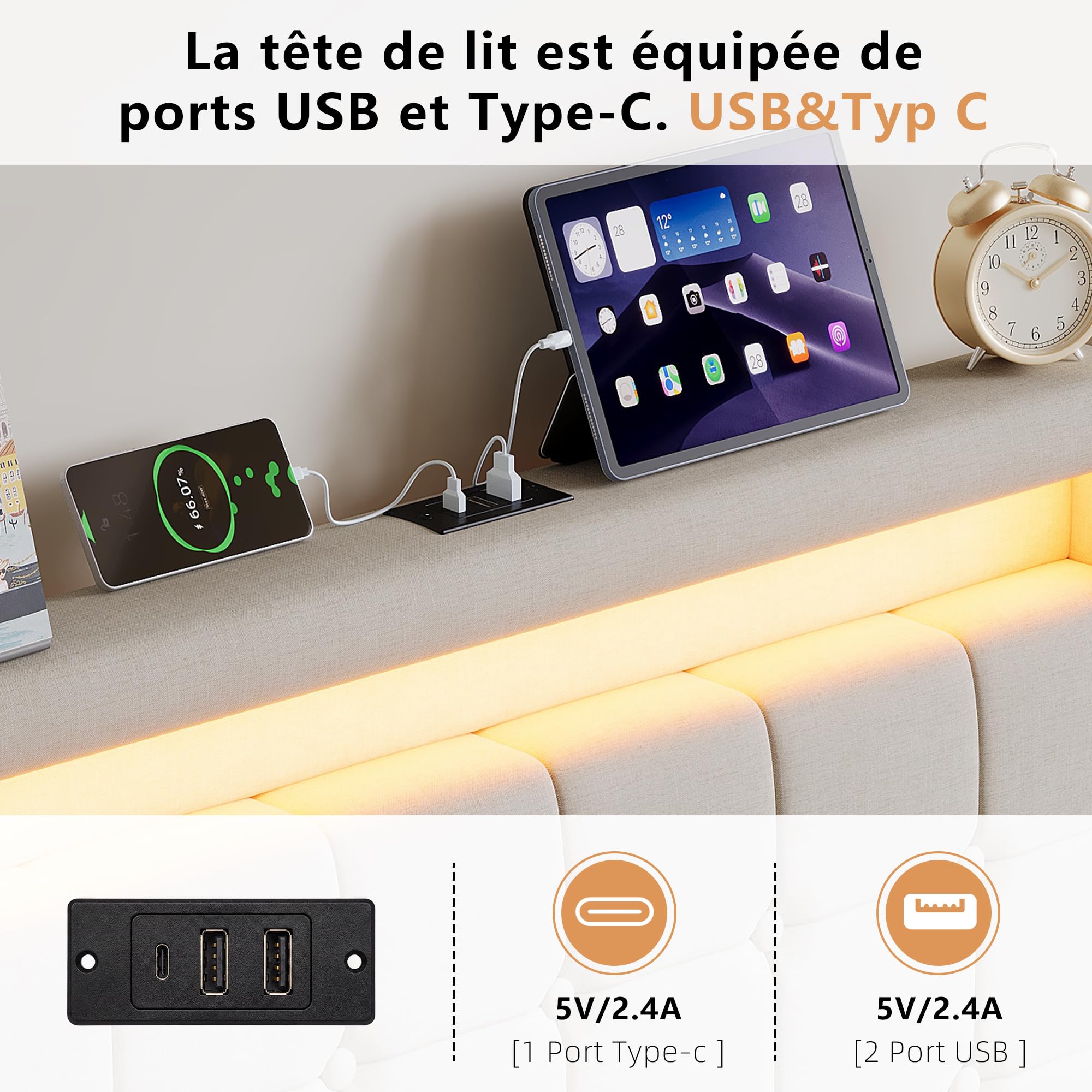 Cama baúl de 90 x 200 cm con LED y USB/Tipo C, cama doble acolchada 90x200 con almacenamiento hidráulico, marco de cama capitoné para 2 personas con somier de láminas, camas para adultos (Beige-D
