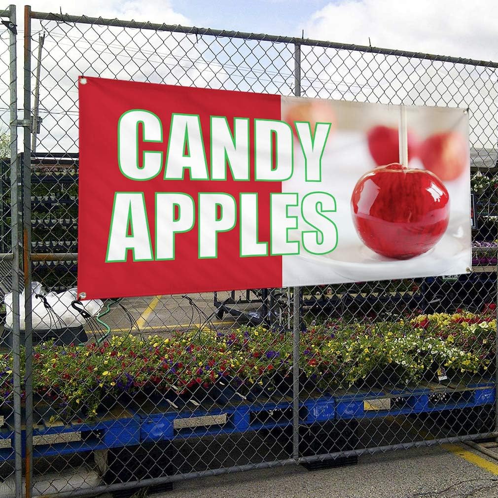 Vinyl Banner Multiple Sizes Candy Apples Outdoor Advertising Printing C Food & Beverage Candy Outdoor Weatherproof Industrial Yard Signs Red 4 Grommets 16x40Inches
