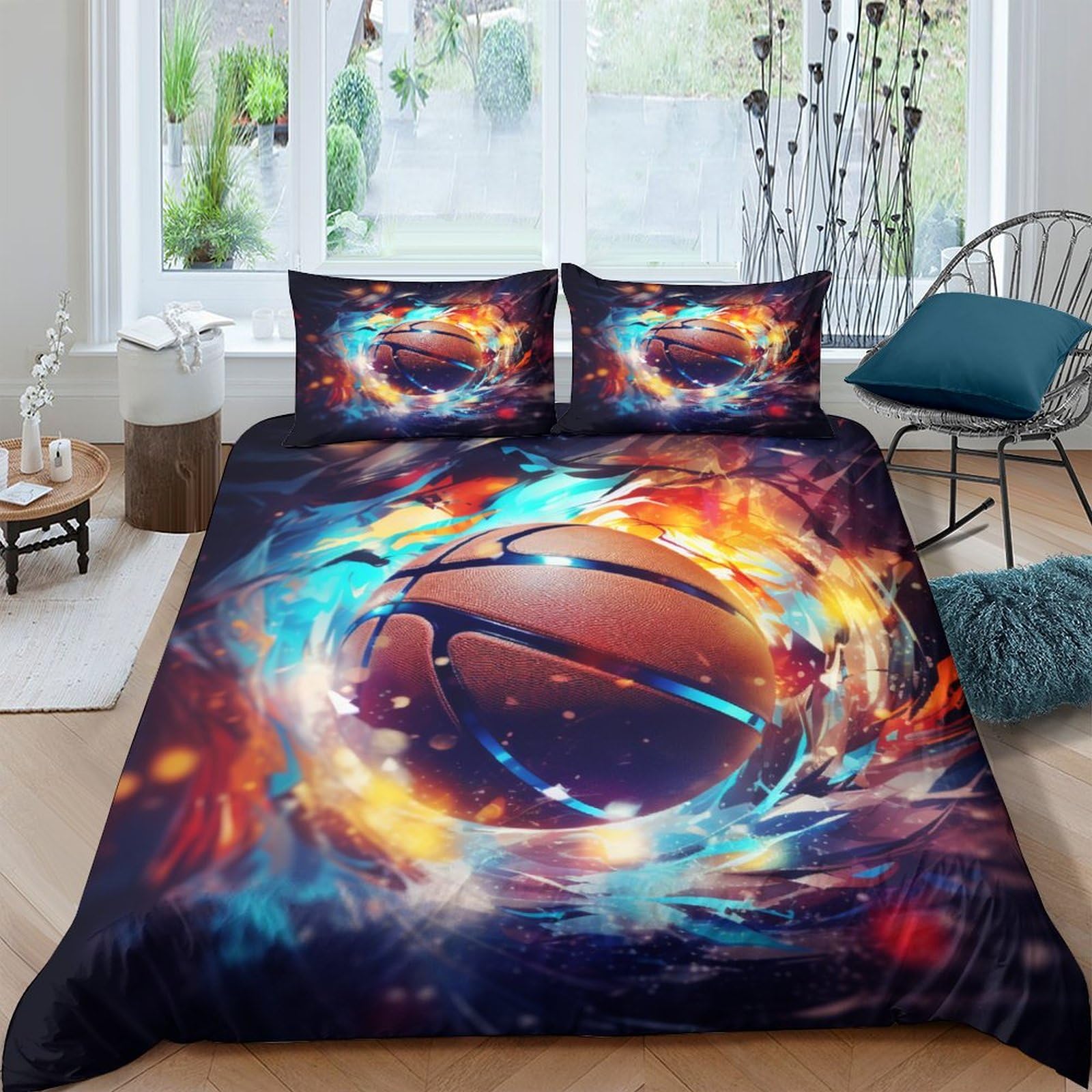 Basketball Parure De Lit 3D double 200x200cm avec housse de couette et taies d'oreiller