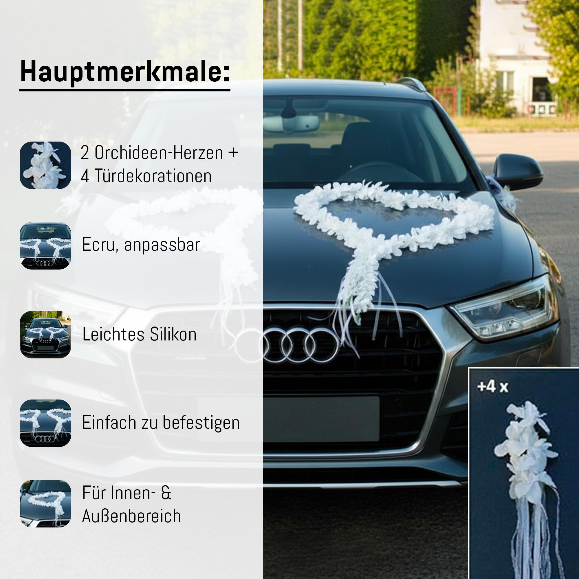 ORCHIDEEN Herzen Braut Paar Rose Deko Dekoration Hochzeit Car Auto Wedding ®Auto-schmuck Deko Girlande PKW (reinweiß)