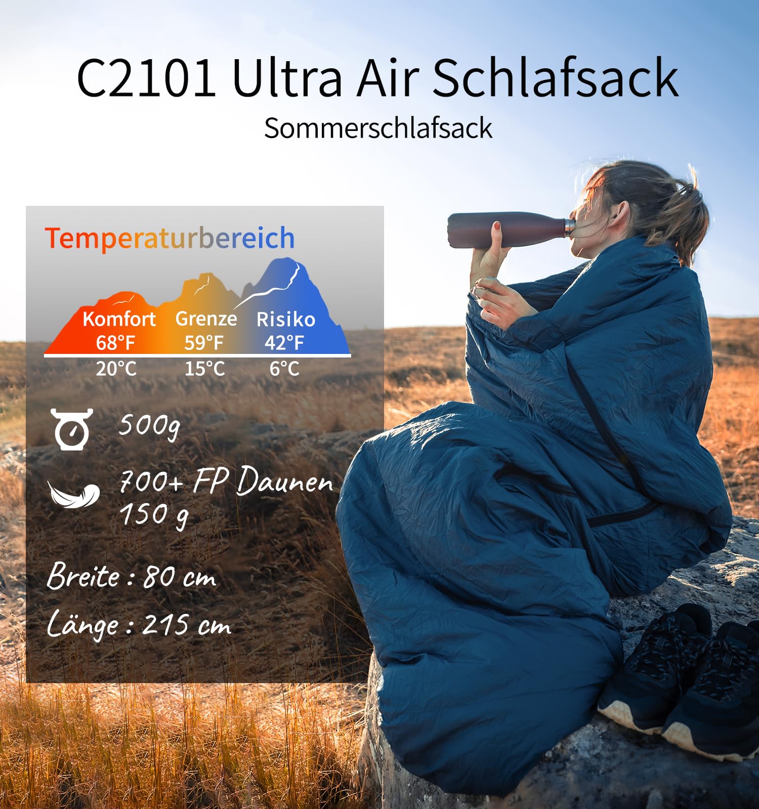 Litume Ultra Kompakt Daunen Schlafsack Für Sommer und 3 Jahreszeiten, 700+ Fill Power Daunen, Ultra Leicht Mumien, Tragbar, Wandern, Reisen, Camping, Rucksackreisen, Erwachsene, Outdoor