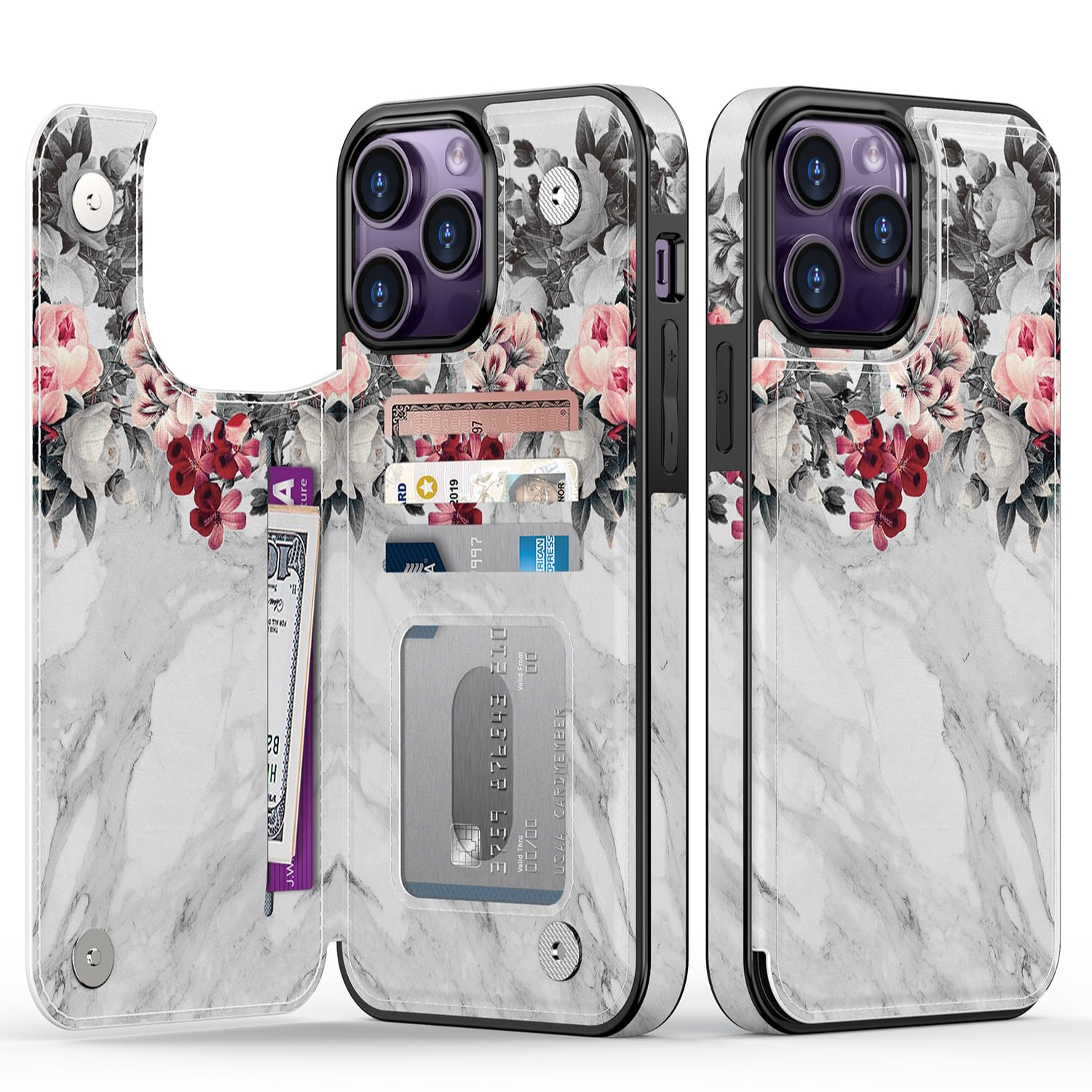 Goodon for iPhone 15 Pro Max Case Wallet - Flip Folio Leather Cover with Trendy Floral Design, 4 Card Slots & Kickstand Function, Protective Phone