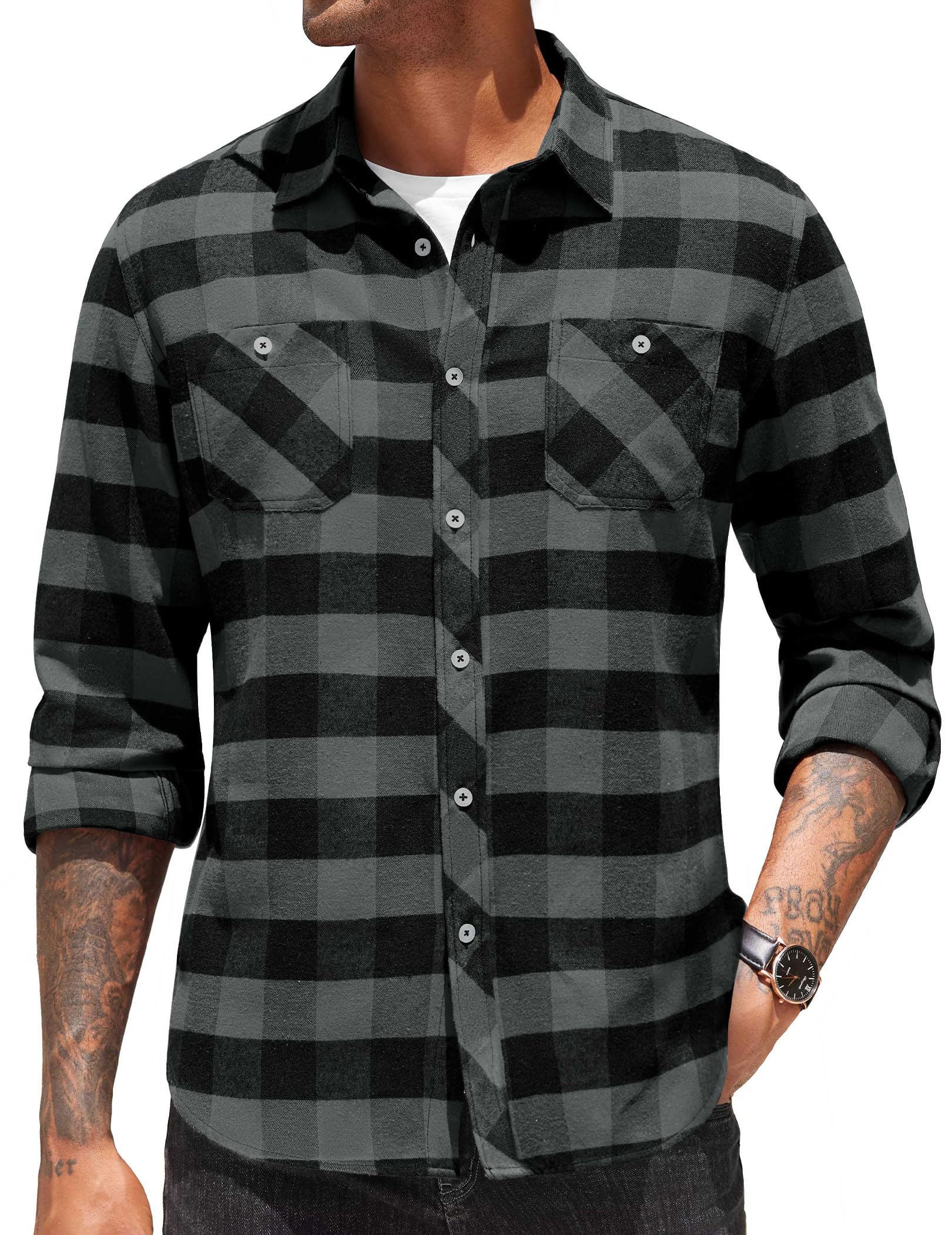 COOFANDY Flanellhemd Herren Langarm Kariertes Baumwollhemd Freizeithemden Holzfällerhemden Karohemd Button Down Oberhemden mit Brusttaschen