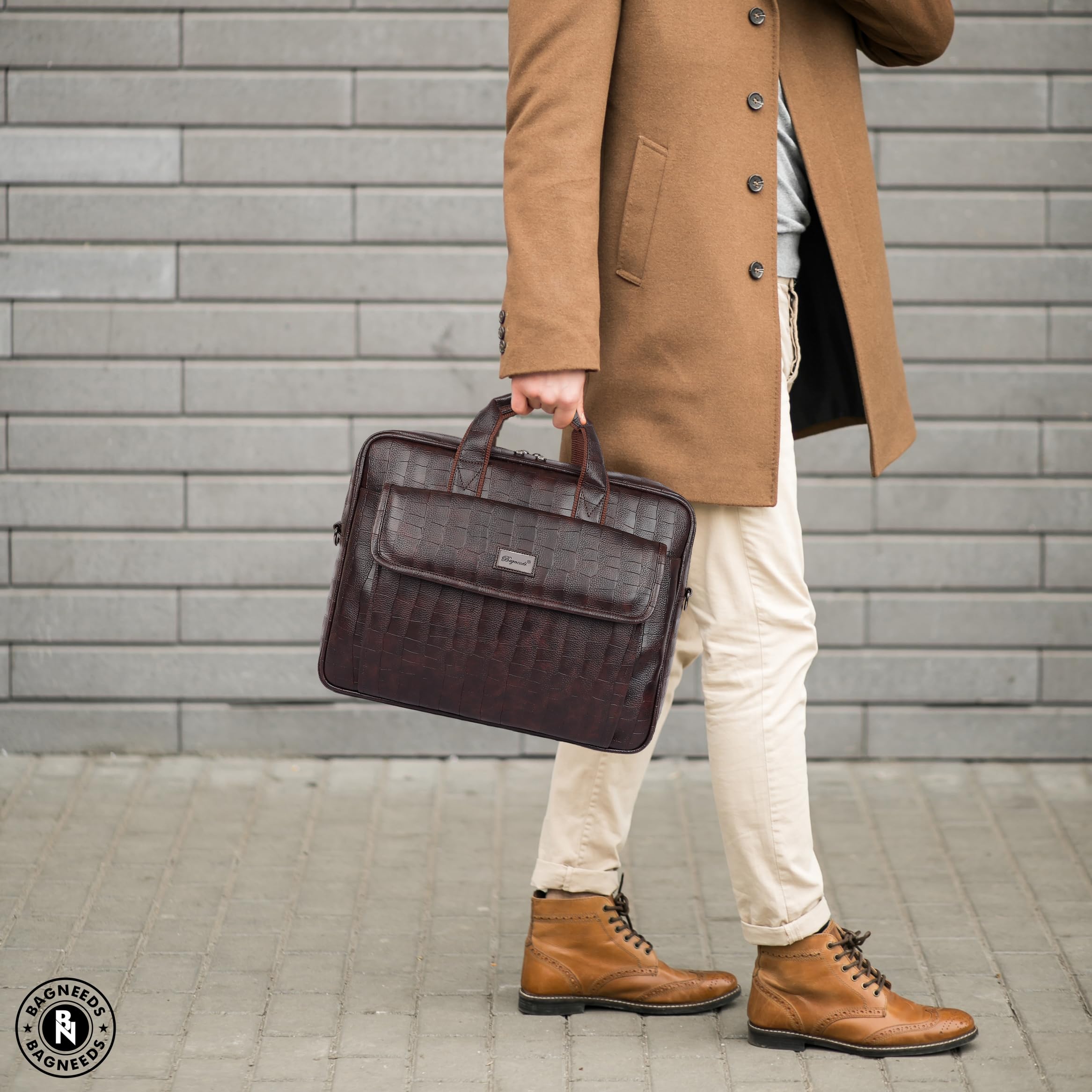 Bagneeds® PU Leather Messenger Laptop Bag for Men & Women, 100% Vegan Leather Expandable Office Bag, Supports Laptop up to 14 Inches, (BROWN) 1