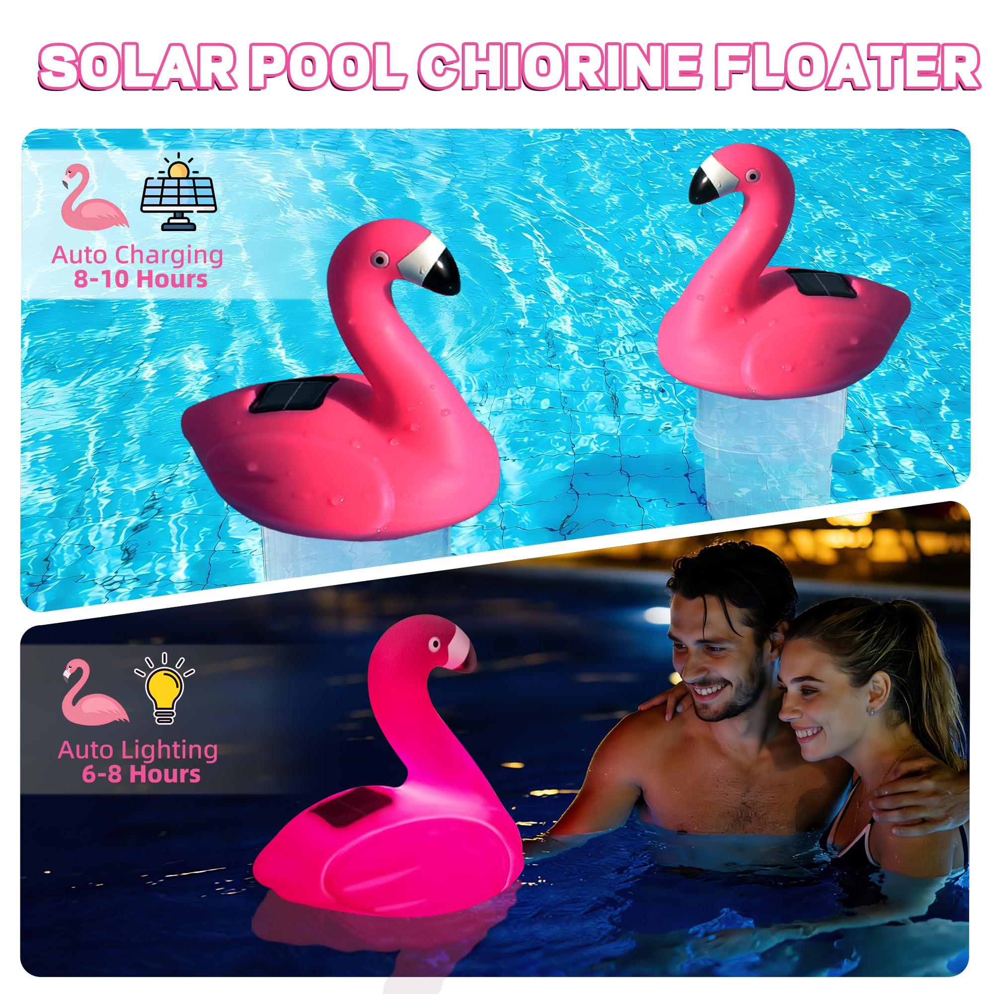Luxfero Diffuseur Chlore Piscine avec Lumière,Flamant Distributeur de Chlore Flottant Solaire,Flotteur Chlore Piscine Grande Capacité Diffuseur Chlore pour Piscine Réglable,Distributeur Chlore Piscine