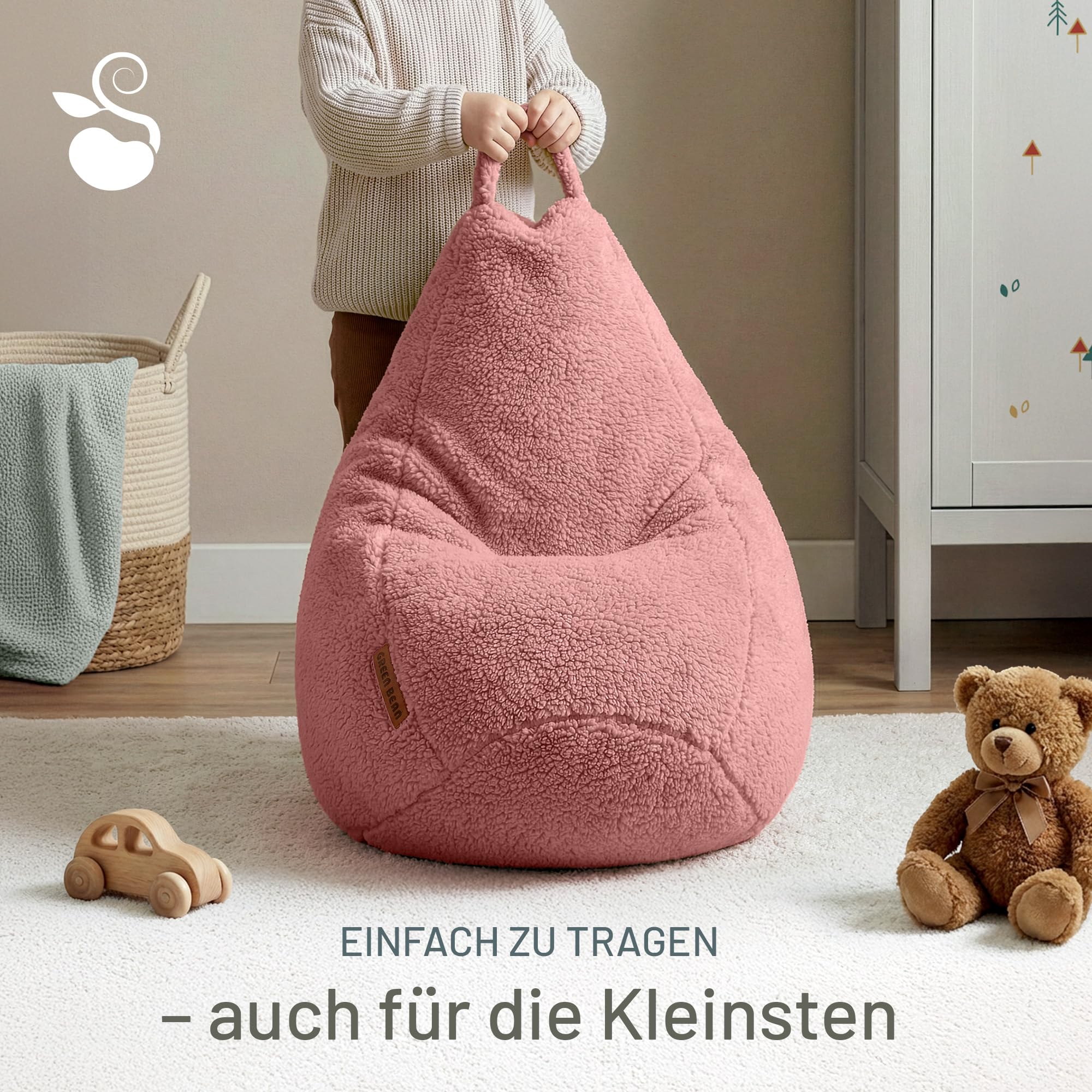 Green Bean Sitzsack 50x50x60cm Teddystoff mit 90L EPS-Perlen Füllung - Rosé - Indoor Sitzkissen Kuschelig Waschbar - Bean Bag Bodenkissen Lounge Chair Sitzhocker