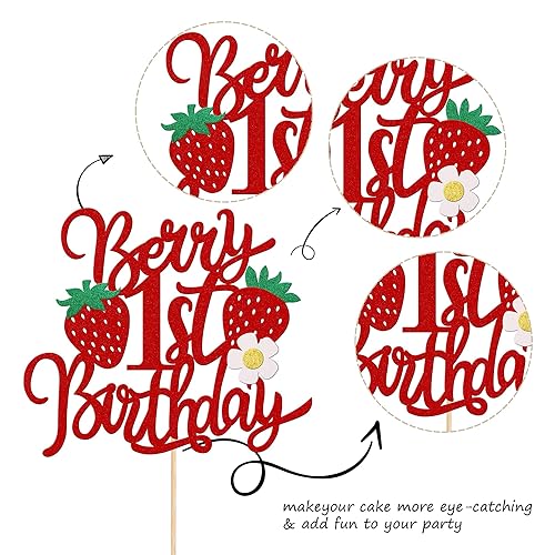 Miniatura 3 de 1 pieza de decoración para pastel de primer cumpleaños con purpurina de flores y frutas dulces para primer cumpleaños, fresa, una selección de