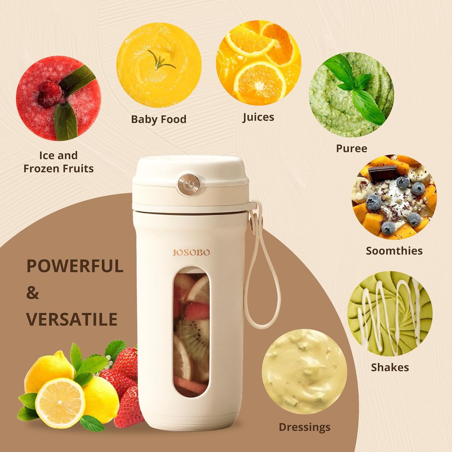 Portable Blender, JOSOBO Personal Size Blender for Shakes and Smoothies with 10 Ultra Sharp Blades, 16 Oz Mini Blender USB Rechargeable Type-C for Travel/Picnic/Office/Gym(Milky White)