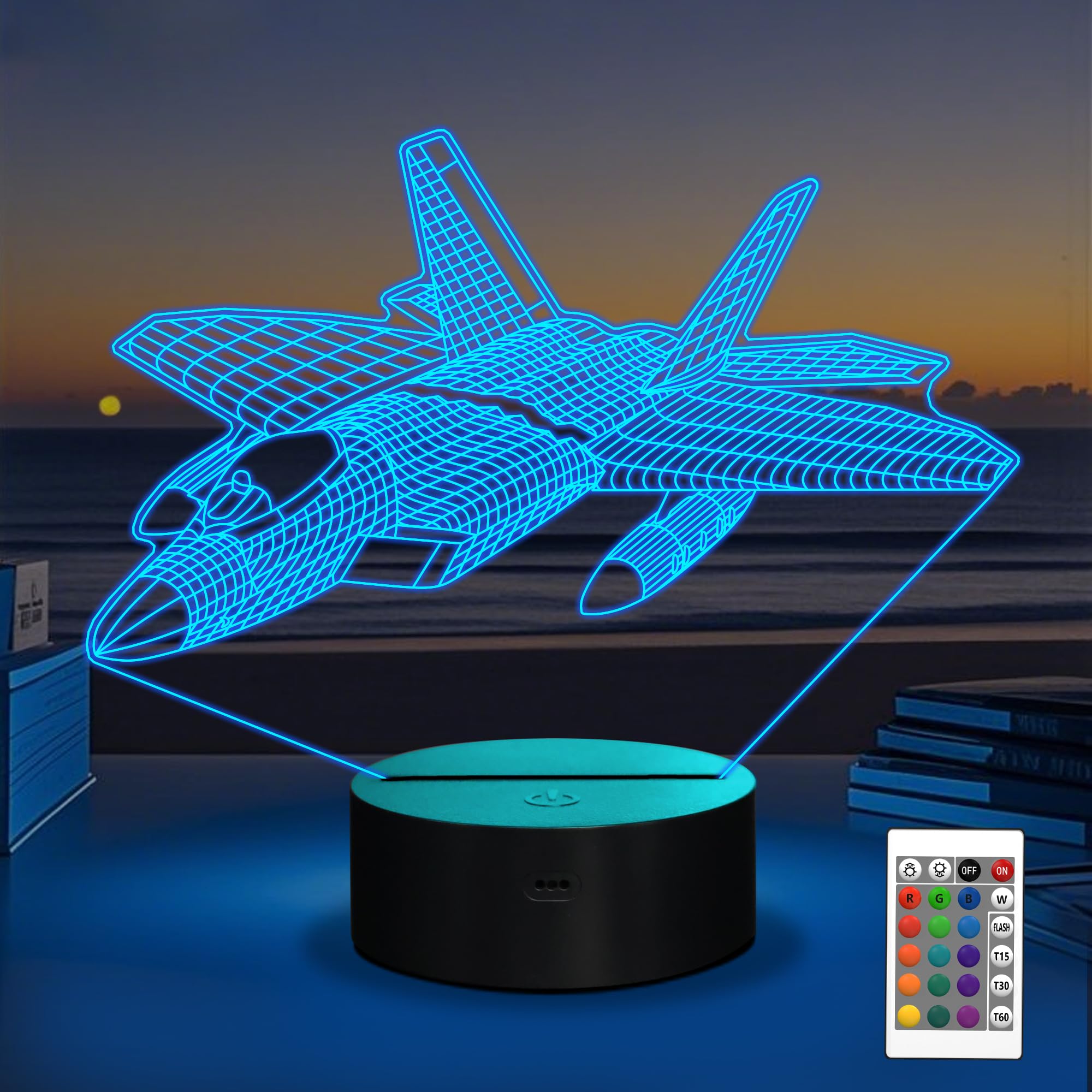 OkiyiD Airplane Model Gifts for Boys Men Pilot,16 Colors 3D Airplane Night Light for Aviation Lovers Room Decor,F-22 Raptor Vehicle Flighter Jet Plane