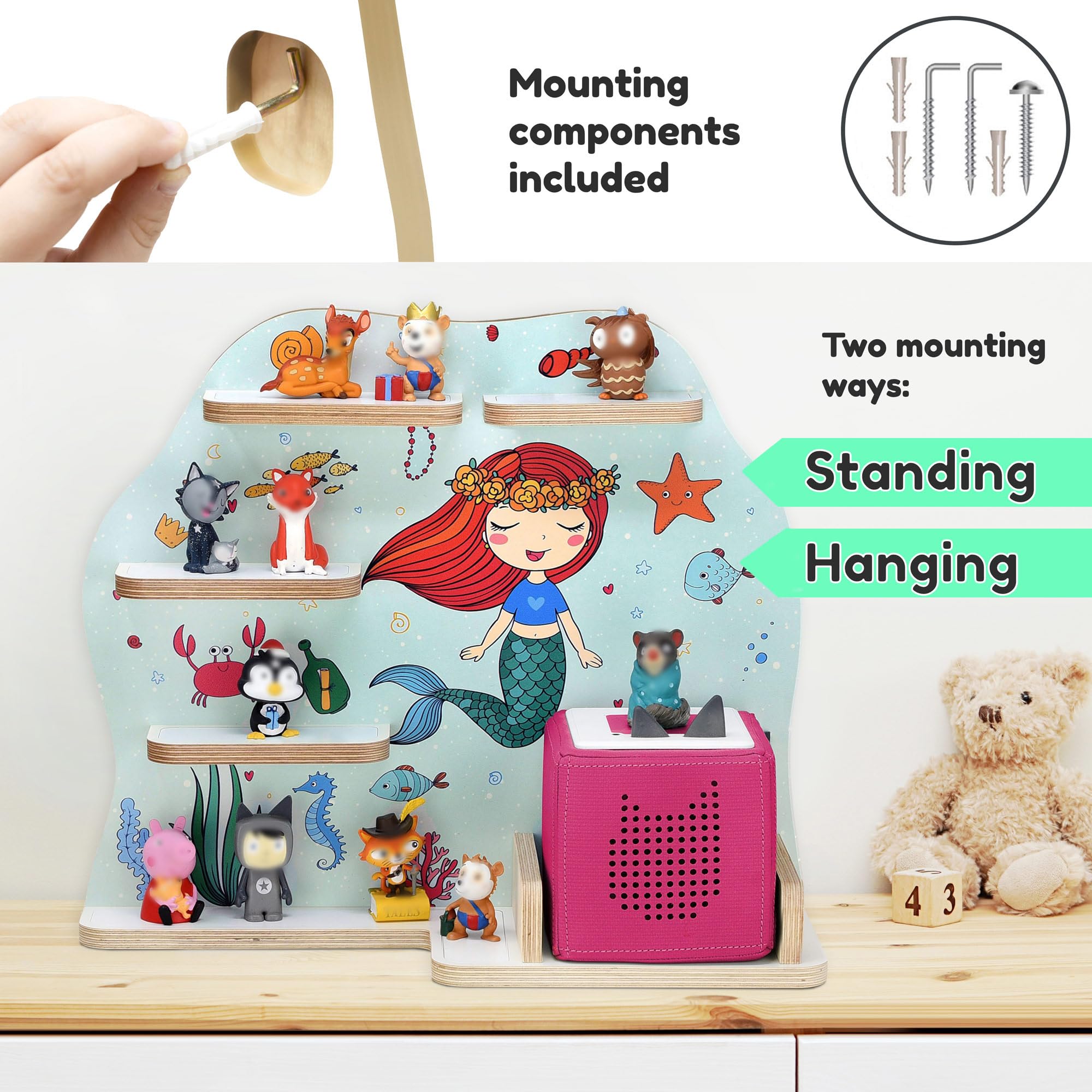 stadtecken Wooden Shelf for Music Box I Suitable for The Toniebox and ca. 35 Tonies I Perfect Storage in The Children's Room I for Setting up or Hanging (Medium, Mermaid)