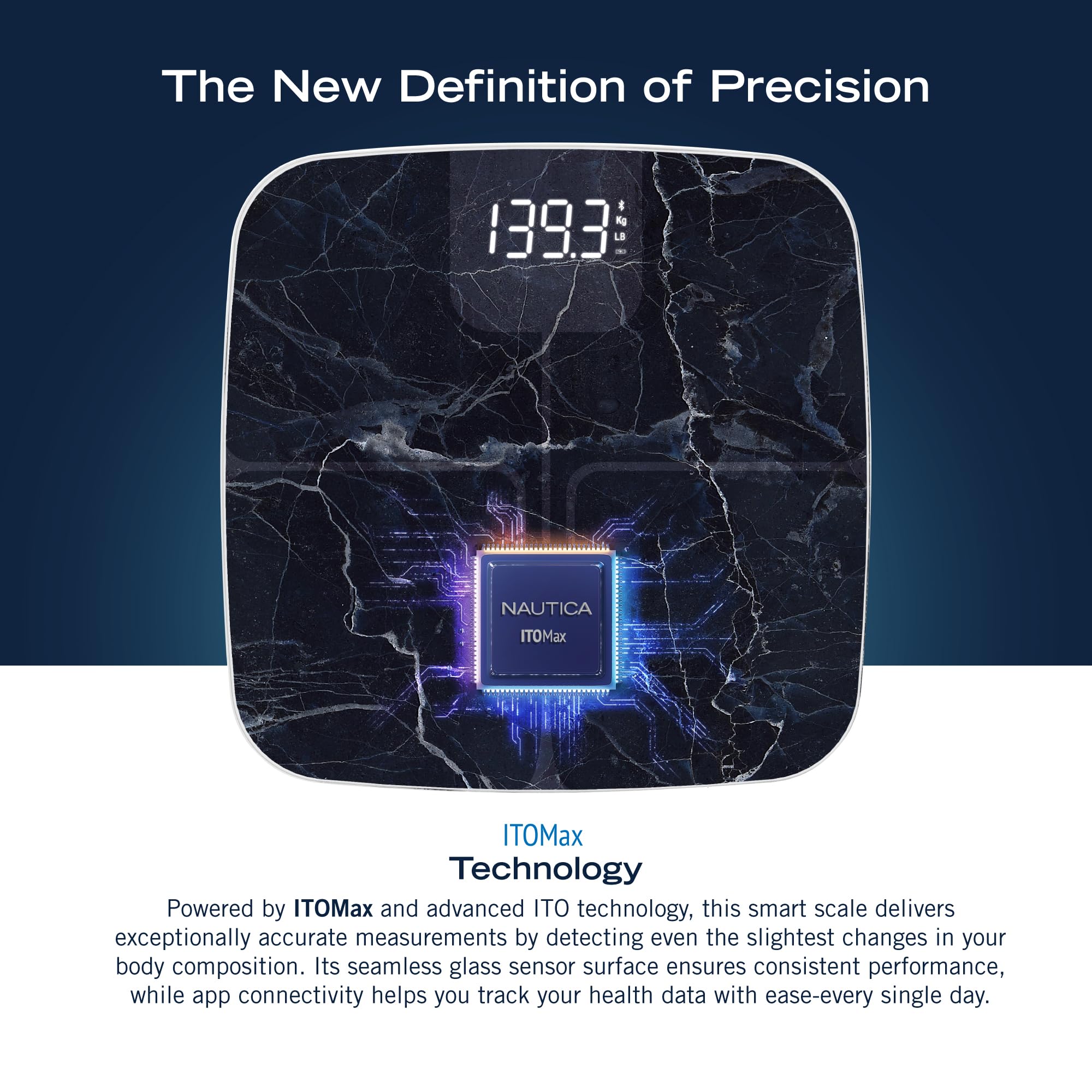 NAUTICA Smart Scale Plus ITO Technology, bilancia per grasso corporeo con display digitale a LED, analizzatore di tutto il corpo, tracker digitale, Bluetooth Wi-Fi