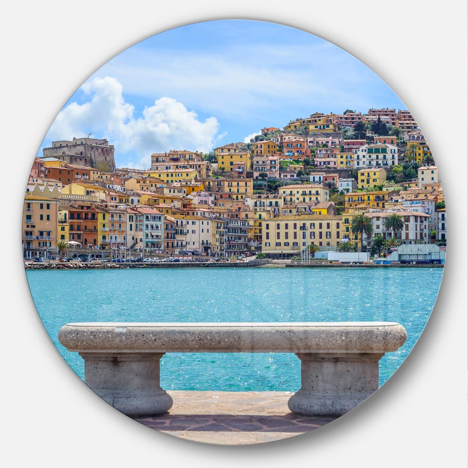 Designart Seafront Bench in Port Santo Stefano Seashore Large Metal Wall Art-Disc of 38, 38 x 38 in, Blue