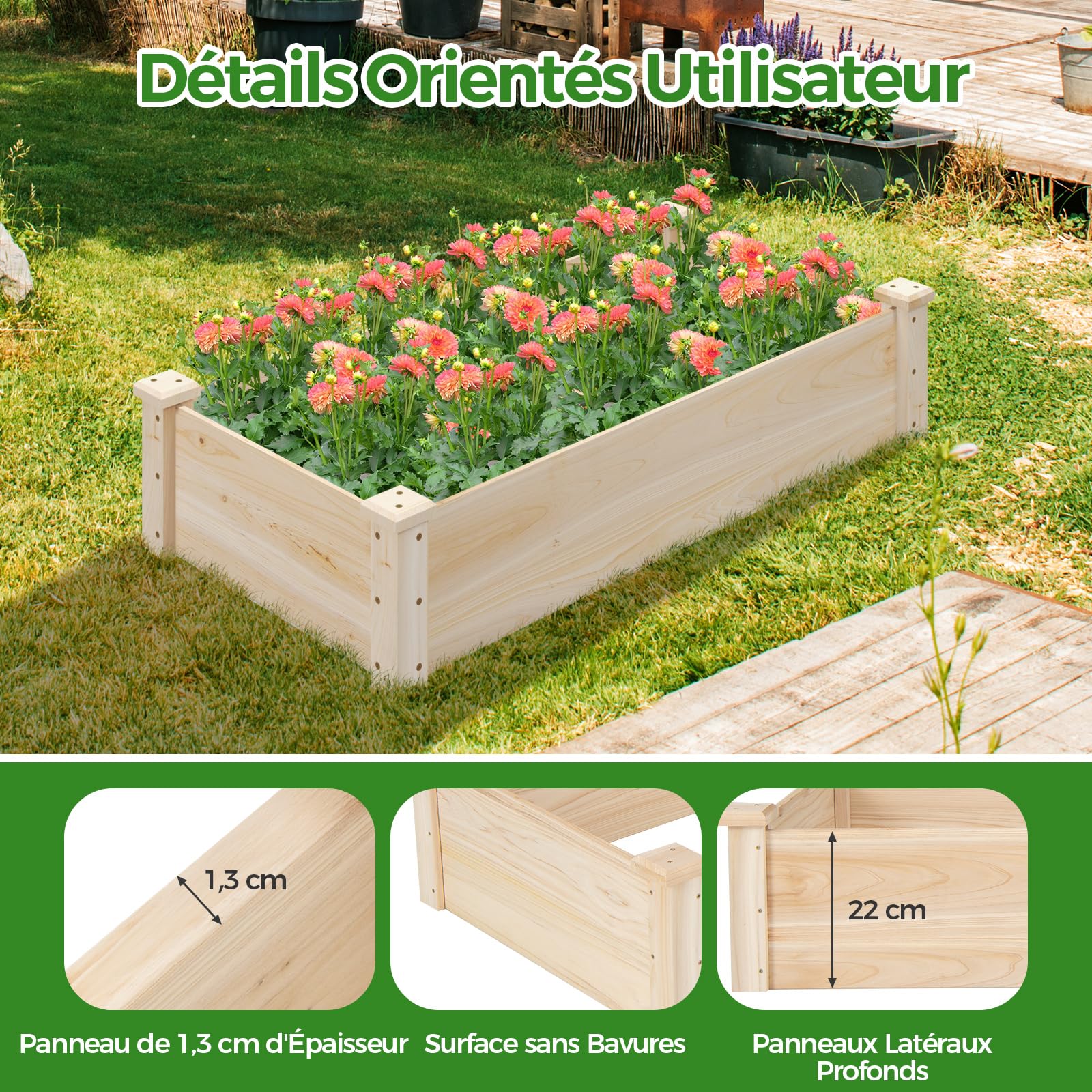 RELAX4LIFE Carré Potager Rectangulaire 120 CM en Bois sans Fond