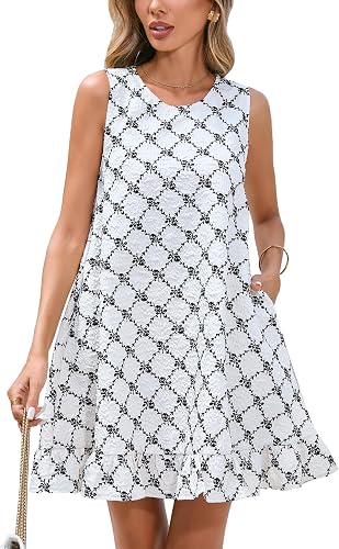YEXPINE Women's Sleeveless Rose Mini Dress Crewneck Ruffle Hen Bow Print Cute Ba