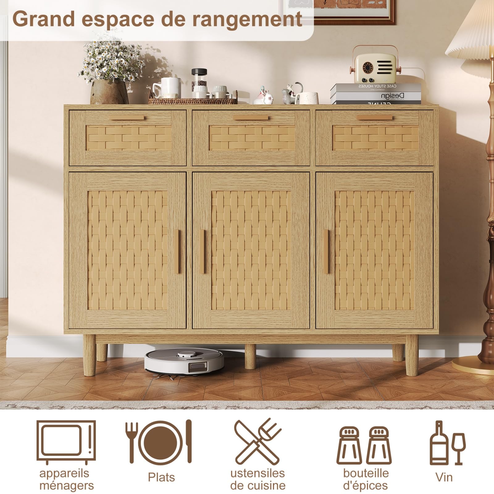 Kredens rattanowy z 3 szufladami i 3 drzwiami, szafka do przechowywania 107,9 x 40 x 80 cm z szafkami na drzwi, komoda z szufladami z nogami, kredens do przechowywania do przedpokoju, wejścia