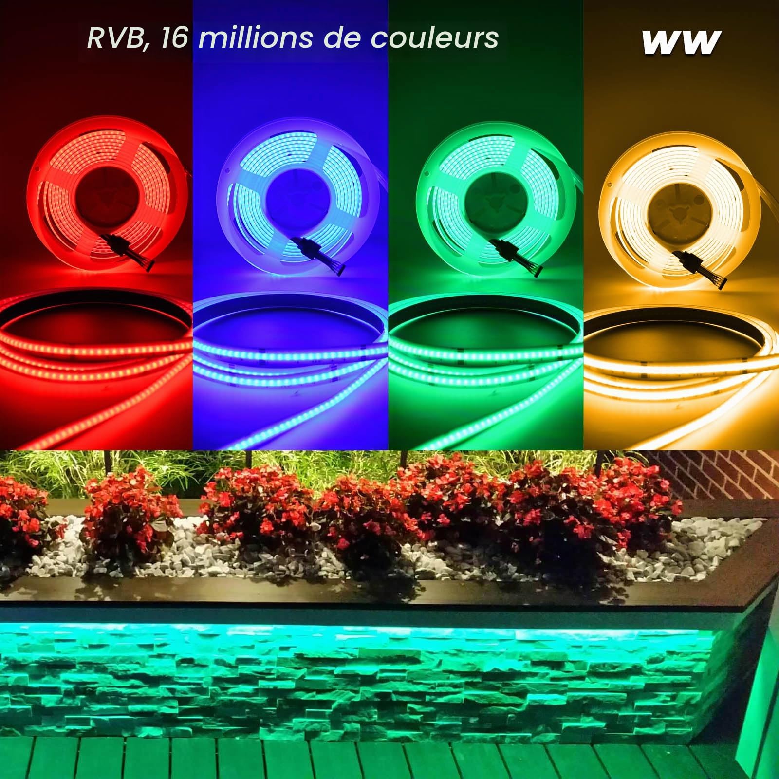 10M COB Wifi Ruban Led Sans alimentation électrique,Led Chambre RGBW+Blanc chaud 672led/M DC24V, Led Ruban Bande Led Multicolore Sans alimentation électrique LED bande
