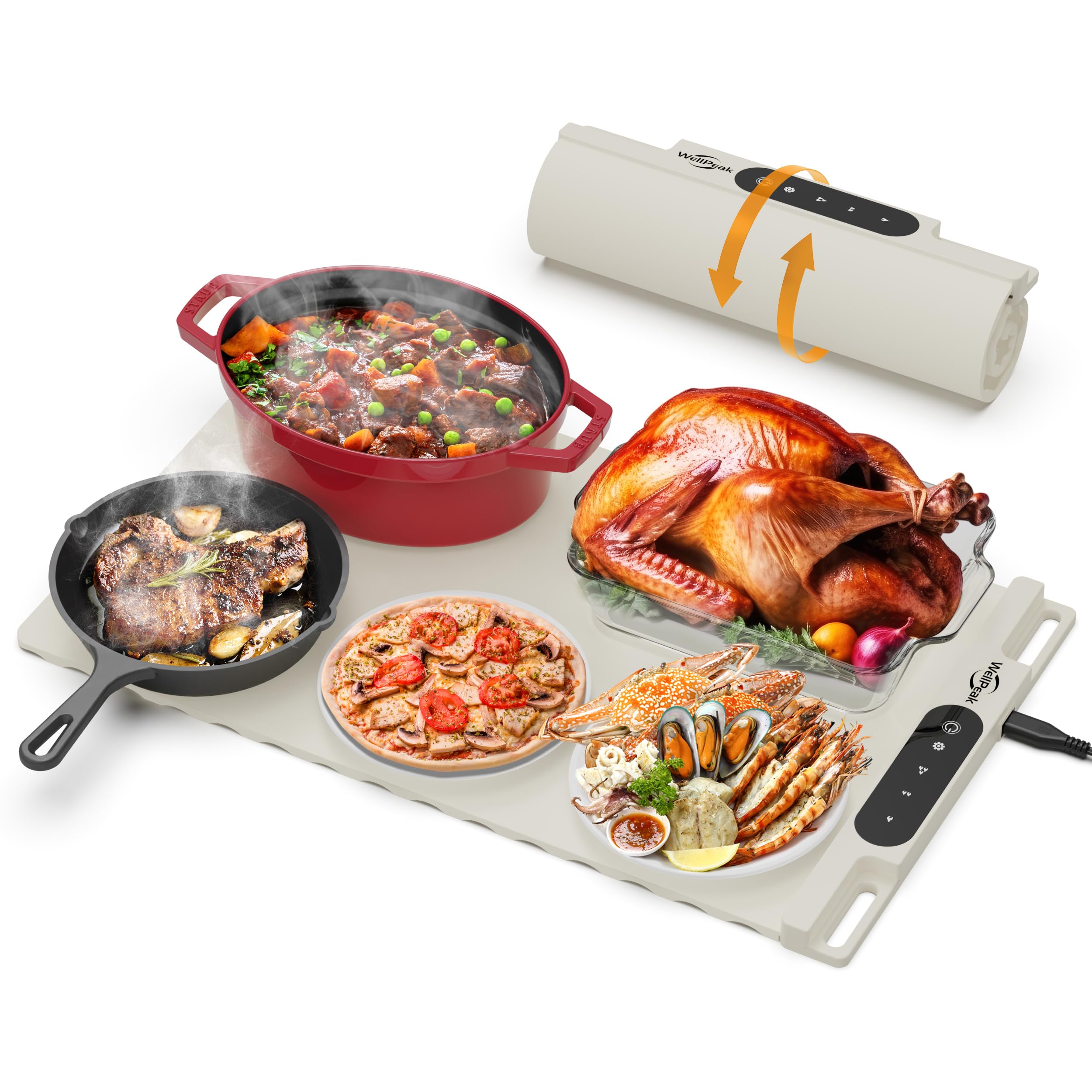 WELLPEAK Electric Warming Mat for Food - Full Surface Fast Heating Silicone Tray with 3-Level Temperature, Auto-Off, Raised Feet for Table Protection,