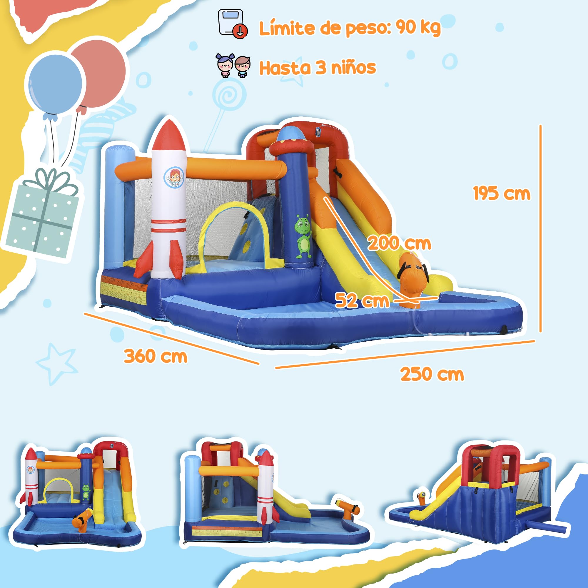 AIYAPLAY Castillo Hinchable con Soplador 5 en 1 Parque Acuático Hinchable para Niños con Tobogán Piscina de Chapoteo Escalada y Cañón de Agua para Exterior Interior 360x250x195 cm