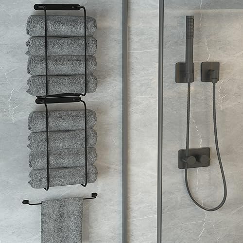 Miniatura 5 de Juego de toalleros negros 2 en 1 para pared, toallero de baño y almacenamiento, perfecto para pequeños spas y salones