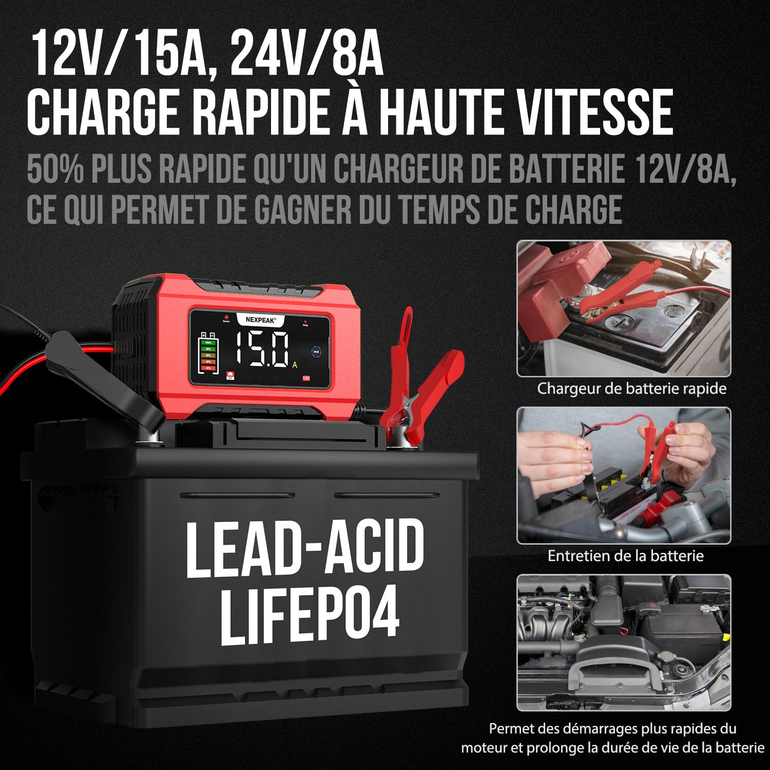 15A Chargeur de Batterie de Voiture, 12V 15A/24V 8A Chargeur de Batterie Intelligent Entièrement Automatique avec Compensation de Température pour Les Batteries Plomb-Acide et LifePO4