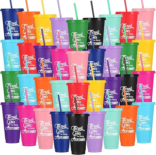Sieral 36 vasos de plástico a granel con tapa y popote de 24 onzas, tazas de agradecimiento reutilizables, regalos inspiradores para Navidad,