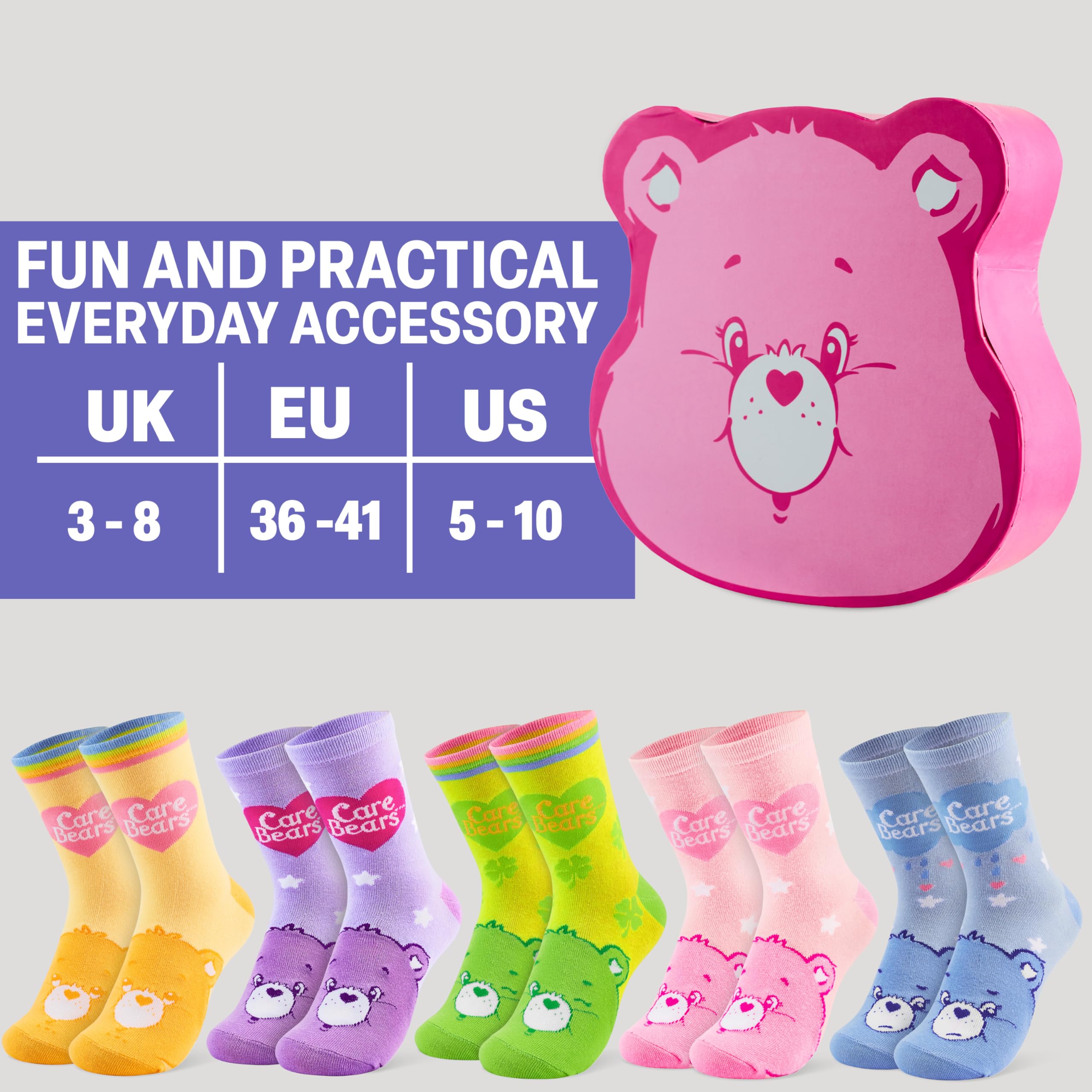 Get Trend Care Bears Calcetines Mujer y Adolescente, Paquete de 6 Calcetines Transpirables y Cálido, 36-41, Regalo Mujer