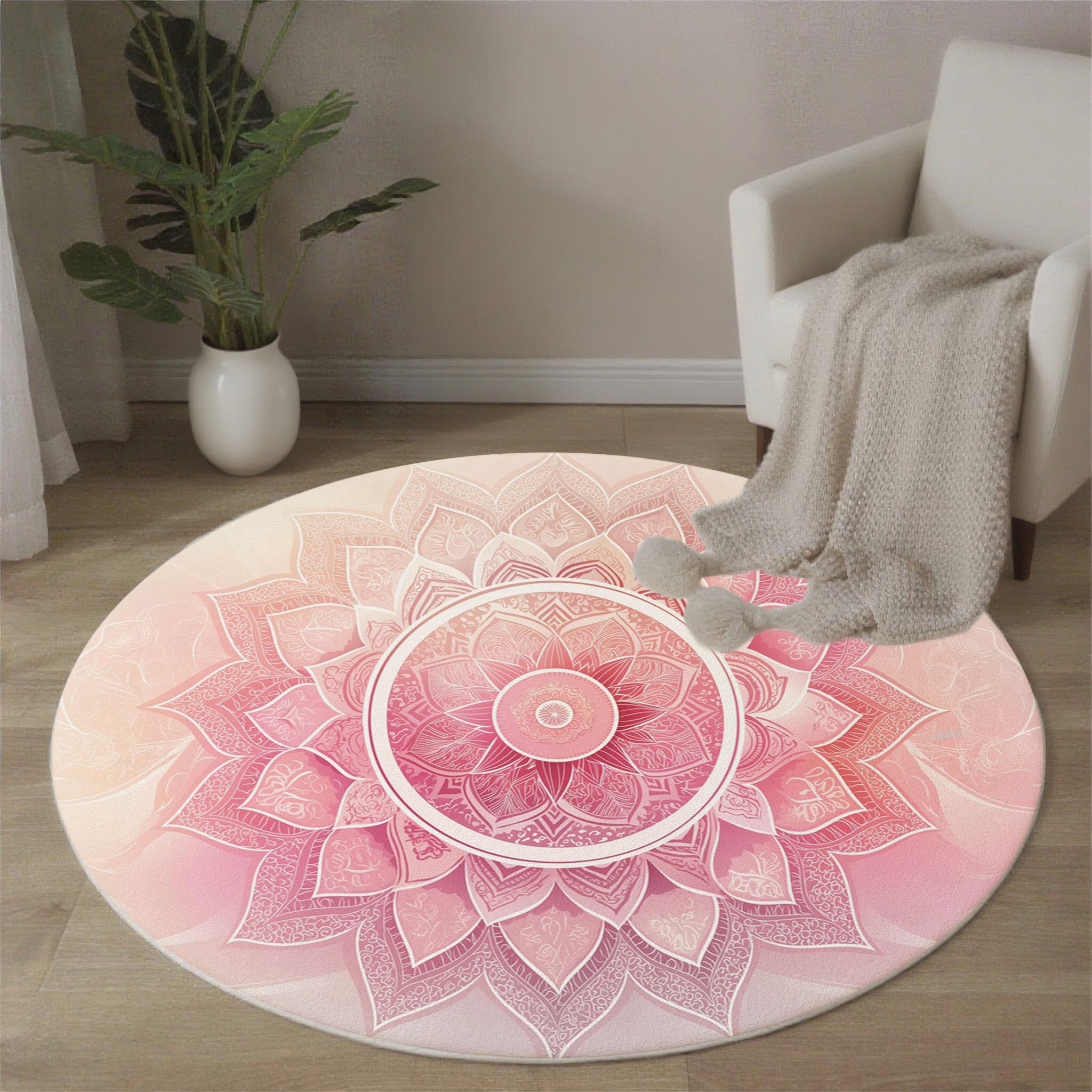 Tapis Rond à Poils Ras Mandala en Ligne Antidérapant Lavable Tapis de Sol Thème De Méditation Moquette Décoration pour Salon Chambre Canapé Descente de lit, 120 cm, Rose