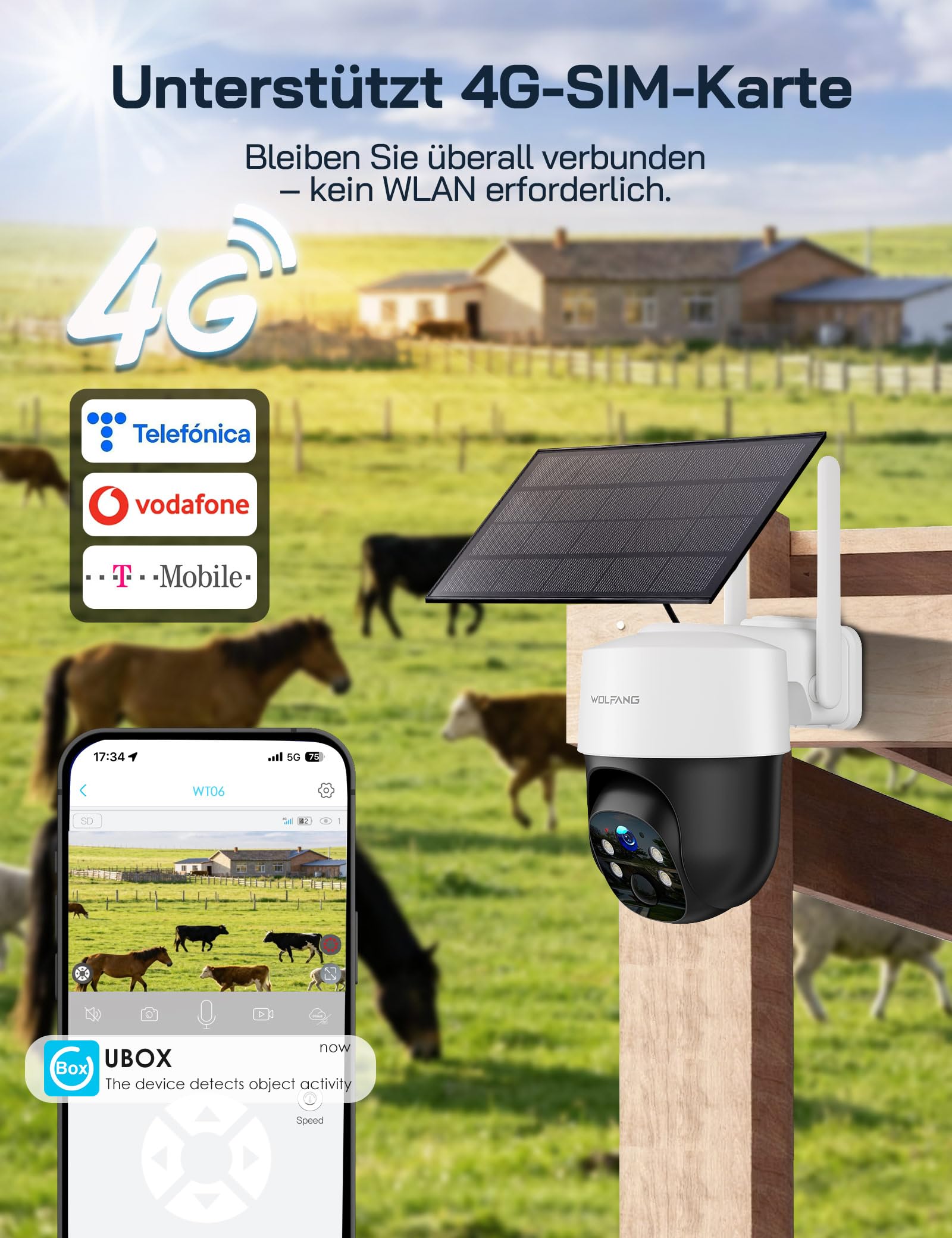 WOLFANG 4G LTE Wildkamera Solar, 2.5K Wildkamera mit Handyübertragung App, 0,2s PIR Auslösezeit, Bewegungsmelder & Echtzeitalarm, Infrarot Nachtsicht, 8000mAh Akku, 32GB microSD-Karte, IP66