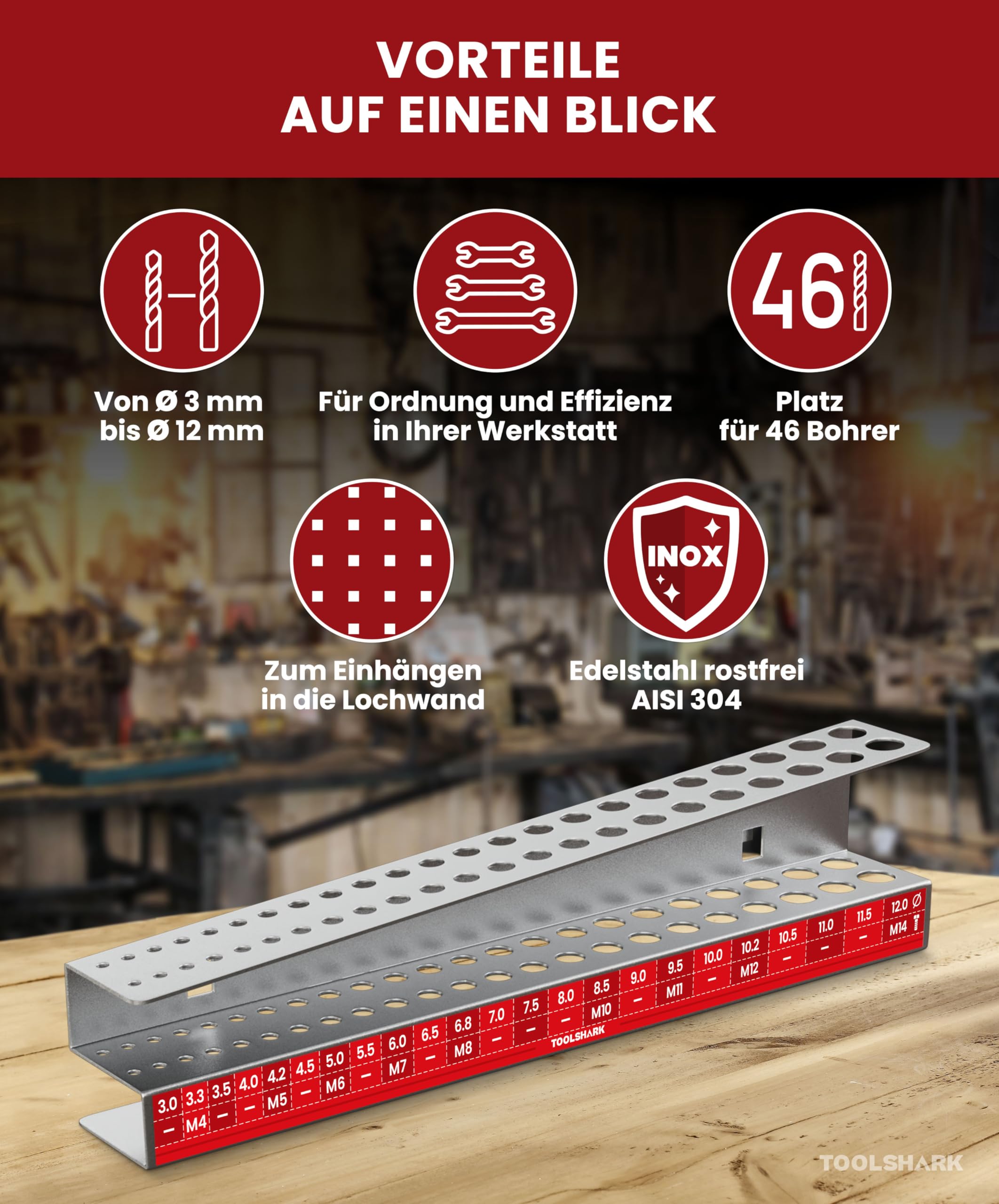 Bohrerhalter leer, aus Edelstahl rostfrei - Organizer fr 46 Bohrer, fr  Lochwand mit Quadratlochung - Zubehr zur Bohreraufbewahrung in der  Werkstatt - BxTxH 270x38x65mm : Amazon.de: Baumarkt