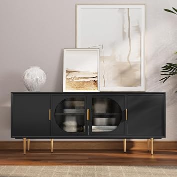 ARTPOWER TV Stand with Storage, 66" Modern TV Entertainment Center for TVs up to 75 Inch, Under TV Cabinet with Glass Door, TV Console Media Center for Living Room, Bedroom, Black