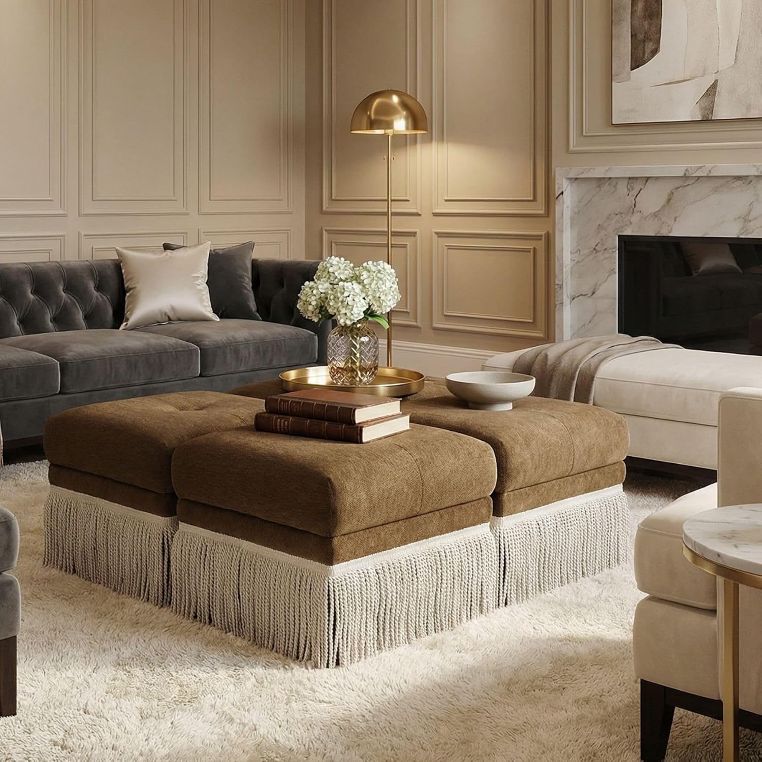 Hyfirm Brown Upholstered Accent Ottoman with Fringe, 22 Inch Square Plush Footstool Ottomans Bench for Bedroom, Modern Boho Pouf Foot Rest for Living Room, Couch