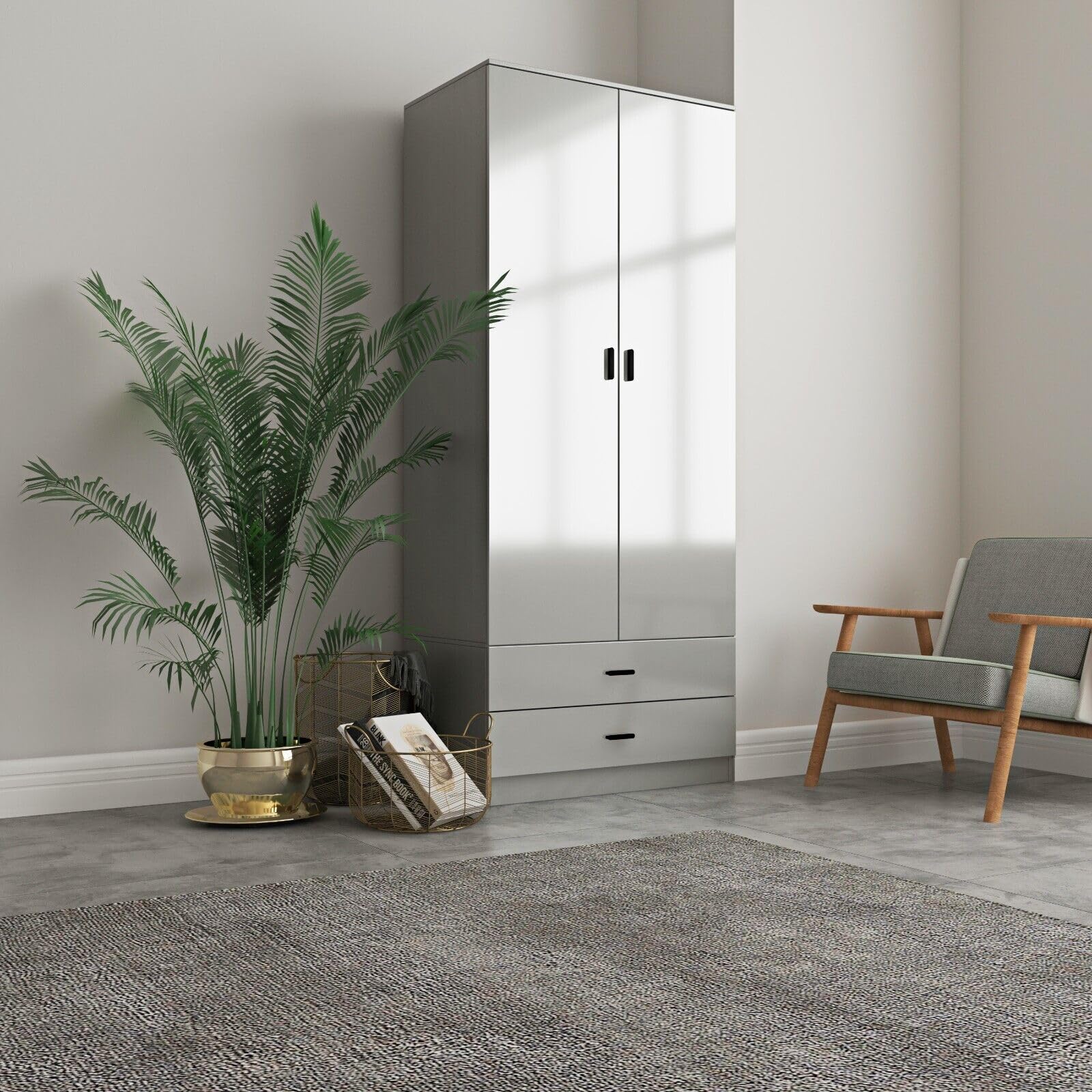 URBNLIVING Glossy Tall 2 Door Wardrobe Bedroom Storage with Hanging Rail Modern Furniture