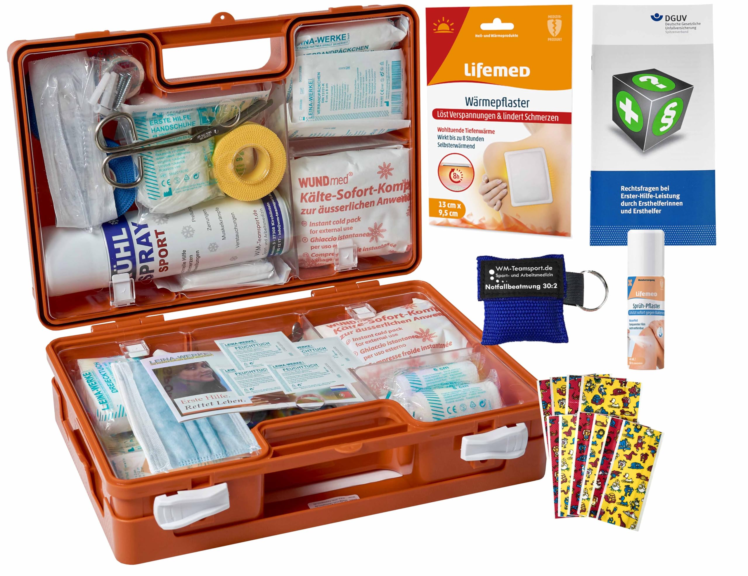 Sport-Sanitätskoffer PLUS 4 Erste-Hilfe Koffer nach aktueller DIN 13157 + Sporttape, Sprühpflaster, Wärme+Kälte-Behandlung Orange