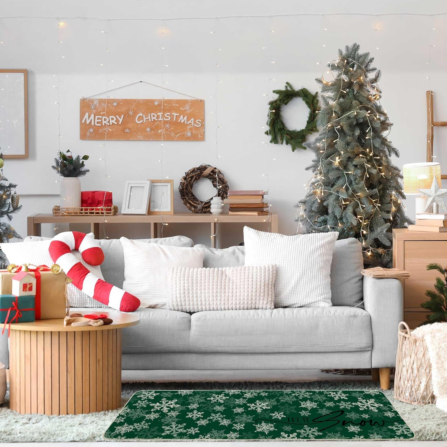 Lofaris 2 Pcs Christmas Kitchen Rugs and Mats Set, Non-Slip Buffalo Plaid Snowflake Floor Mat, Winter Holiday Home Decor for Kitchen, Farmhouse (17"x29" & 17"x47")