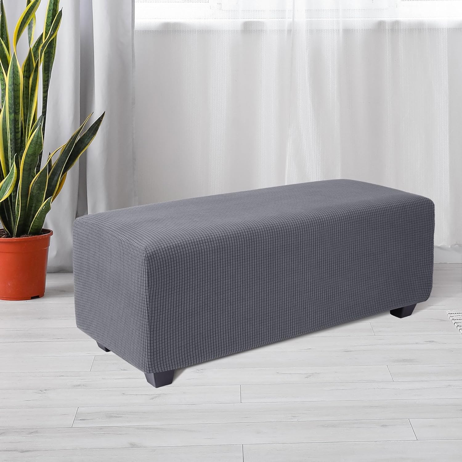 Stretch Indoor Ottoman Slipcover Jacquard Rectangle Footstool Cover Dark Gray X-Large