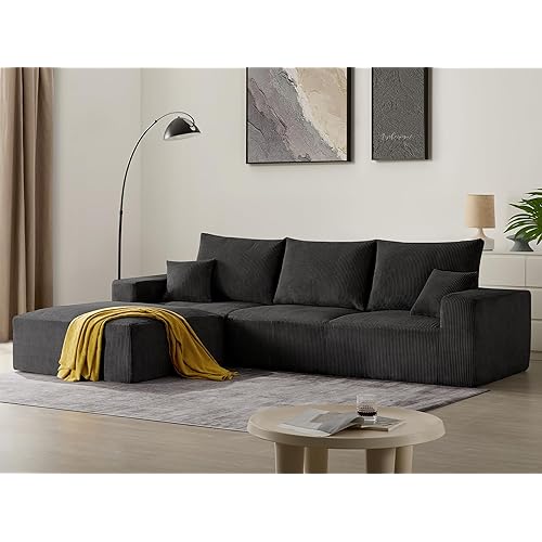 Sectional Modern Sleeper Sofa Couches for Living Room-113'' Black 3 Seater L-Shaped Lounge Cloud Couch-No Assembly Modular Corduroy Convertible Sponge Compression Sofas with Chaise for Home House