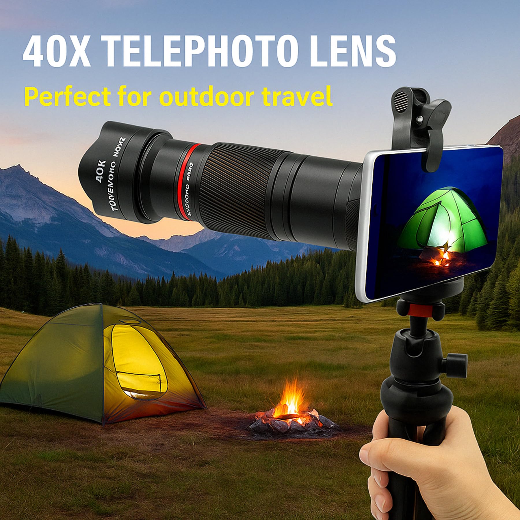 Kit de teleobjetivo con zoom 40X para smartphones, lente de cámara HD con trípode, compatible con iPhone Samsung