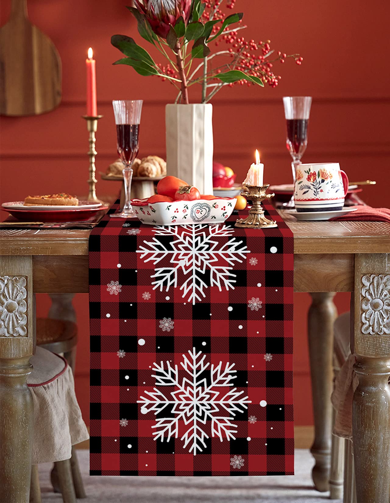 Christmas Table Runner-Red Black Buffalo Plaid Check snowflake-Cotton Linen-Winter Dinner Scarf Décor,Long 36 Inch Holiday Dresser Scarves,Farmhouse Xmas Kitchen Coffee/Dining Living Room Tablerunner