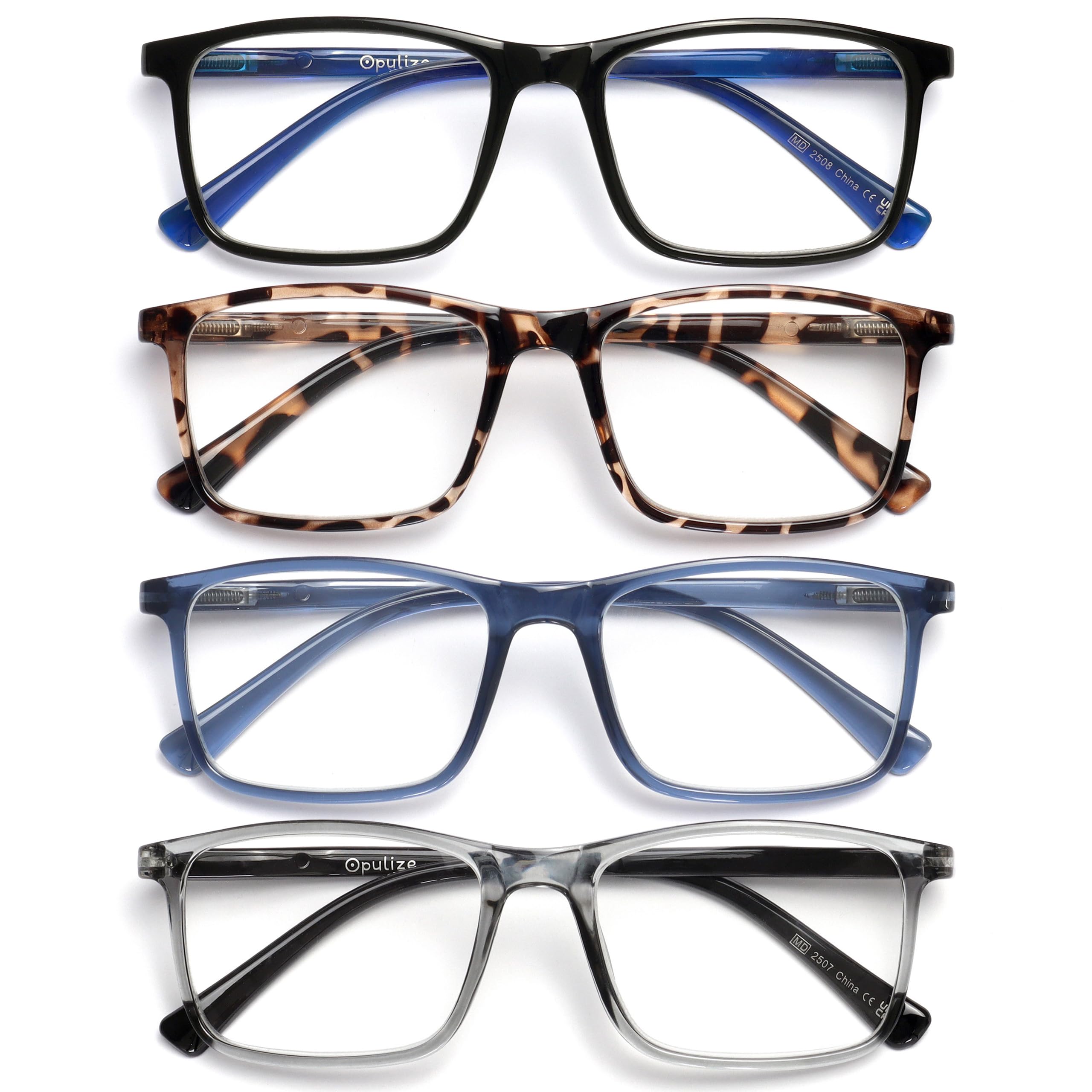 OPULIZE INK Reading Glasses for Women Men, Large Rectangular Frame with Spring Hinges & Scratch Resistant, Black Brown Tortoiseshell Blue Grey, +3.5(Pack of 4)
