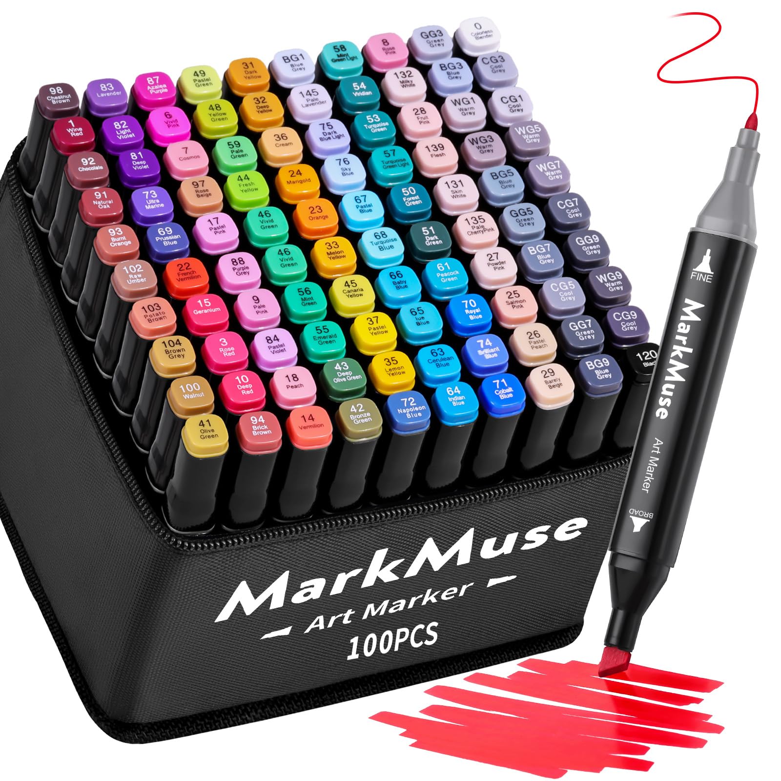 MarkMuse Marcatore 100 Colori, Pennarelli Doppia Punta 2S Asciugatura Rapida, Marker Pennarelli Professionali con Base e Borsa per Adulto Sketch, Colorare, Illustrazioni, Disegnare, Anime