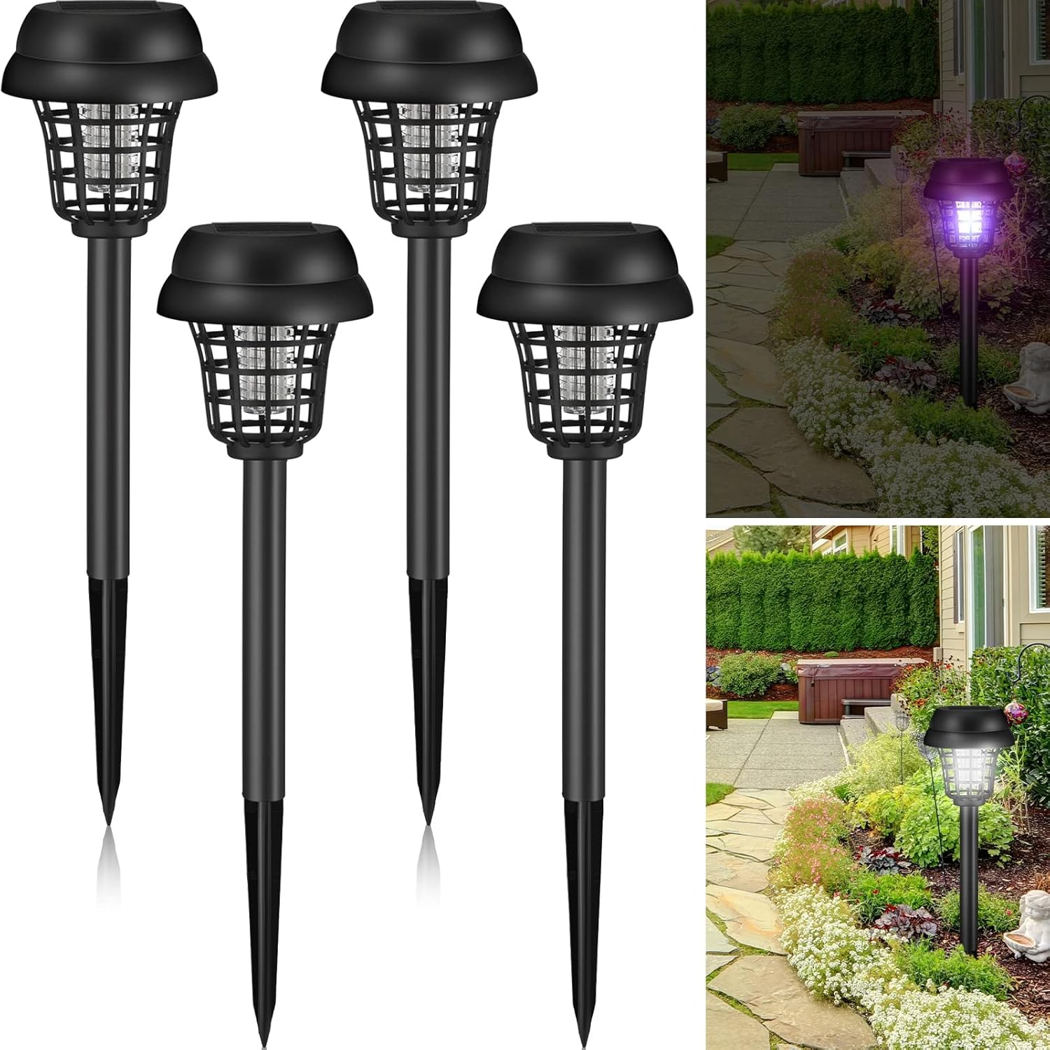 4 Pcs Solar Bug Zapper Waterproof Outdoor Mosquito Zapper Mosquito Killer and Lighting Mosquito Repellent Lamp for Indoor Outdoor Use Garden Patio, Purple and White Light (Retro Black, Plastic) Plastic Retro Black