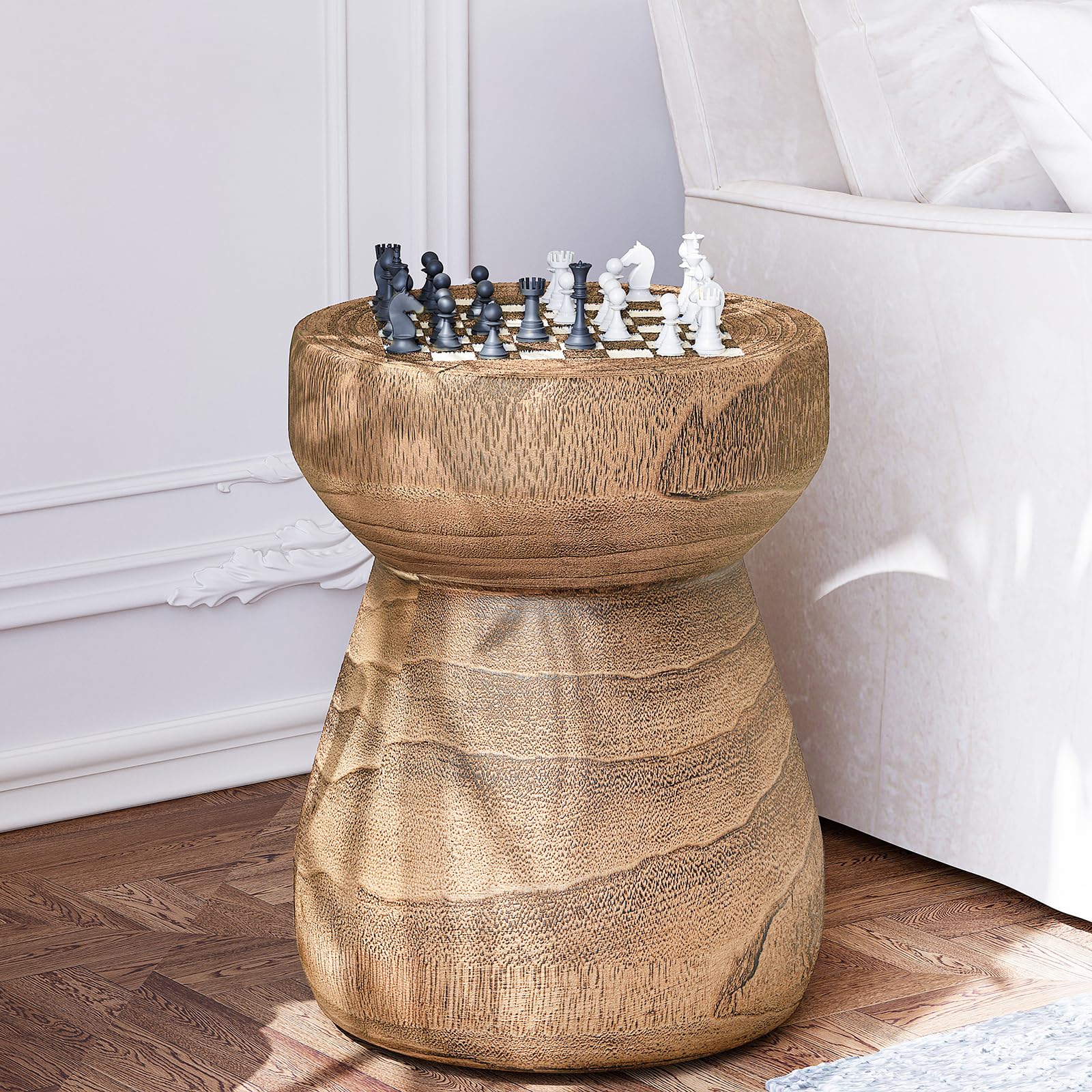 SUNBURY Outdoor Side Table, 14" Small Outdoor End Table, Faux Wood Patio Side Tables w Chessboard, Round Concrete Side Tables, Garden Stool Plant